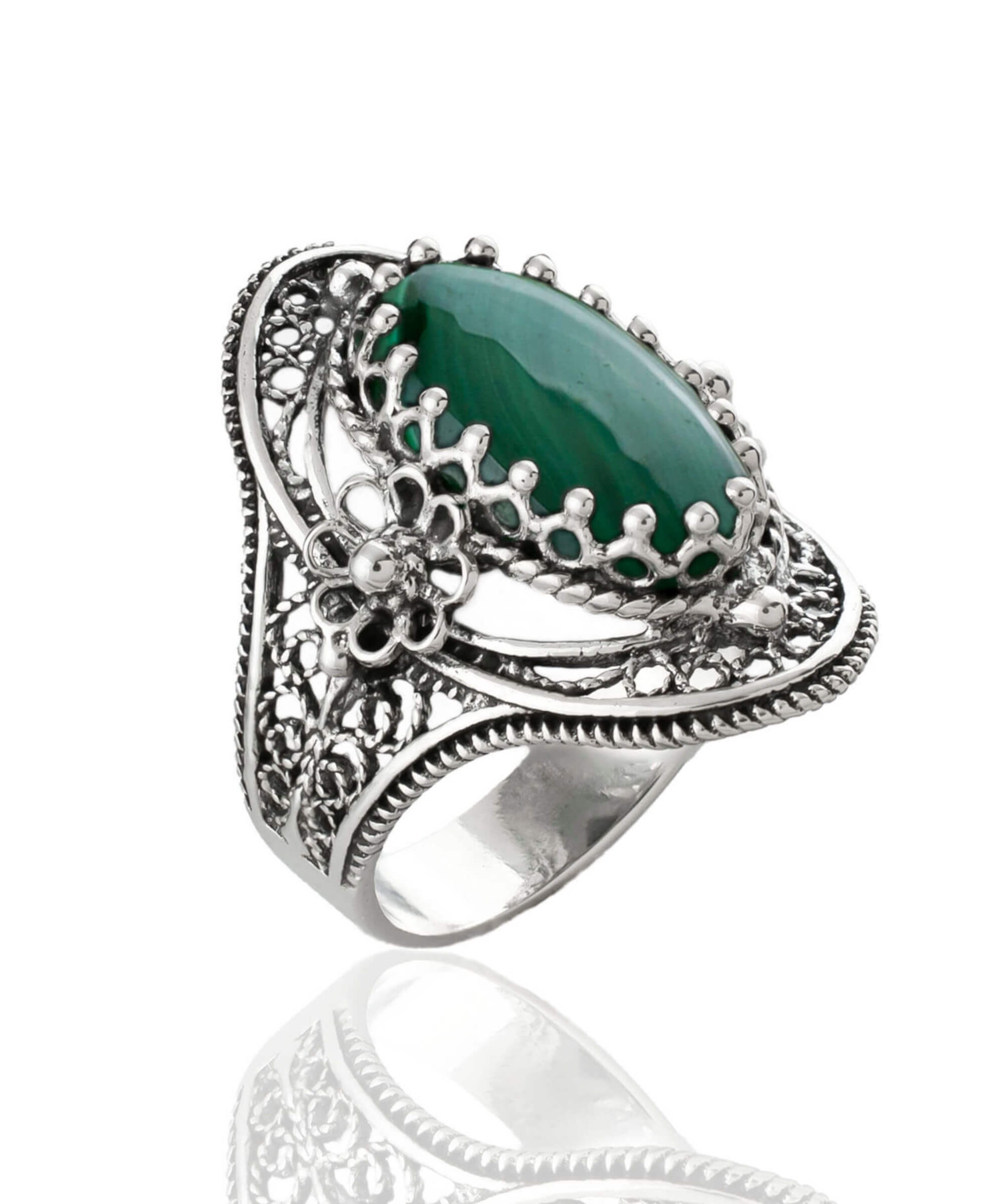 Malachite gemstone sterling silver statement ring featuring daisy designs on both sides, elegantly crafted for women.