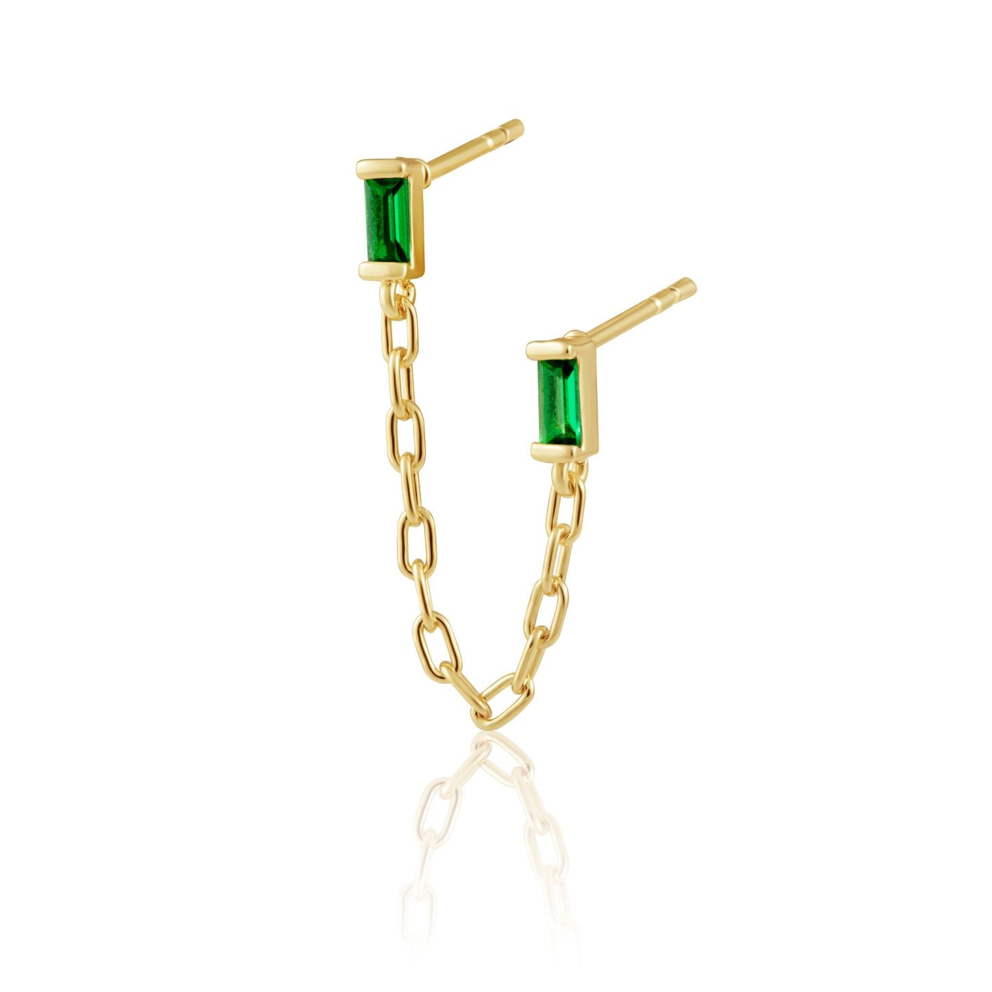 Malia Emerald Double Stud Earring featuring vibrant emerald CZ stones set in 18k gold plated stainless steel.