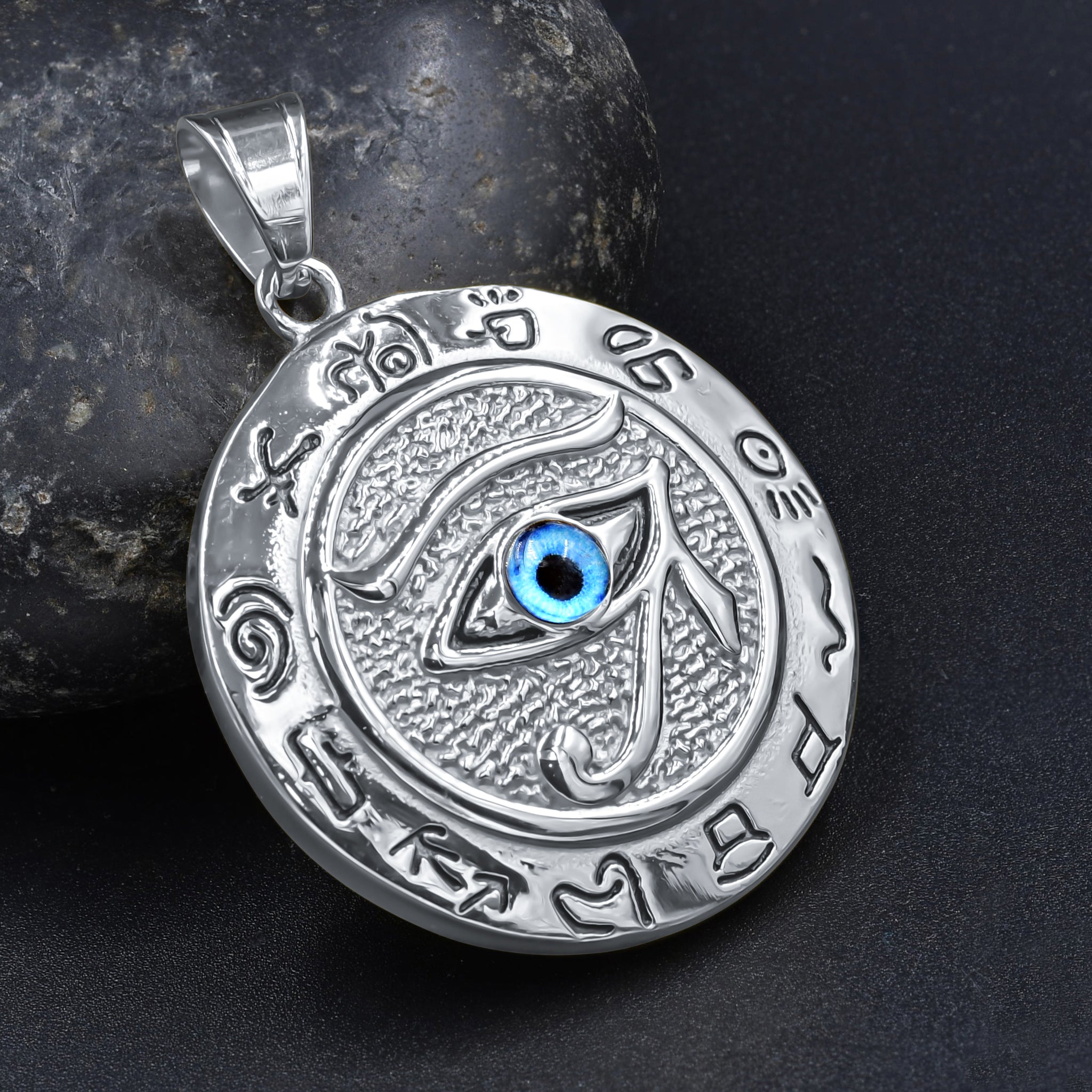 MALVADO Pendant I 9310001 featuring an evil eye design with sparkling cubic zirconia stones on a stainless steel base.