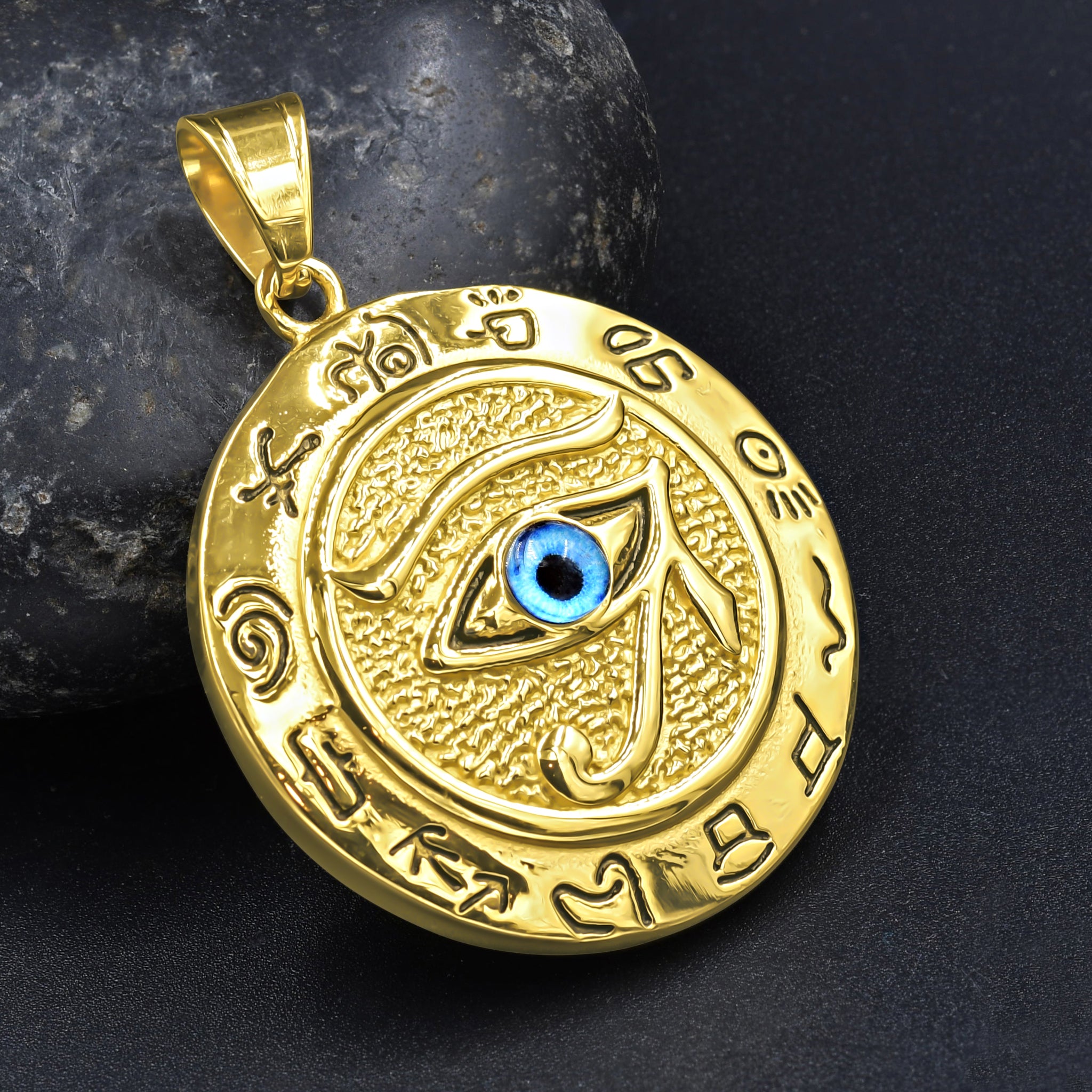 MALVADO Pendant I 9310002 featuring an evil eye design with sparkling cubic zirconia stones on a stainless steel base.