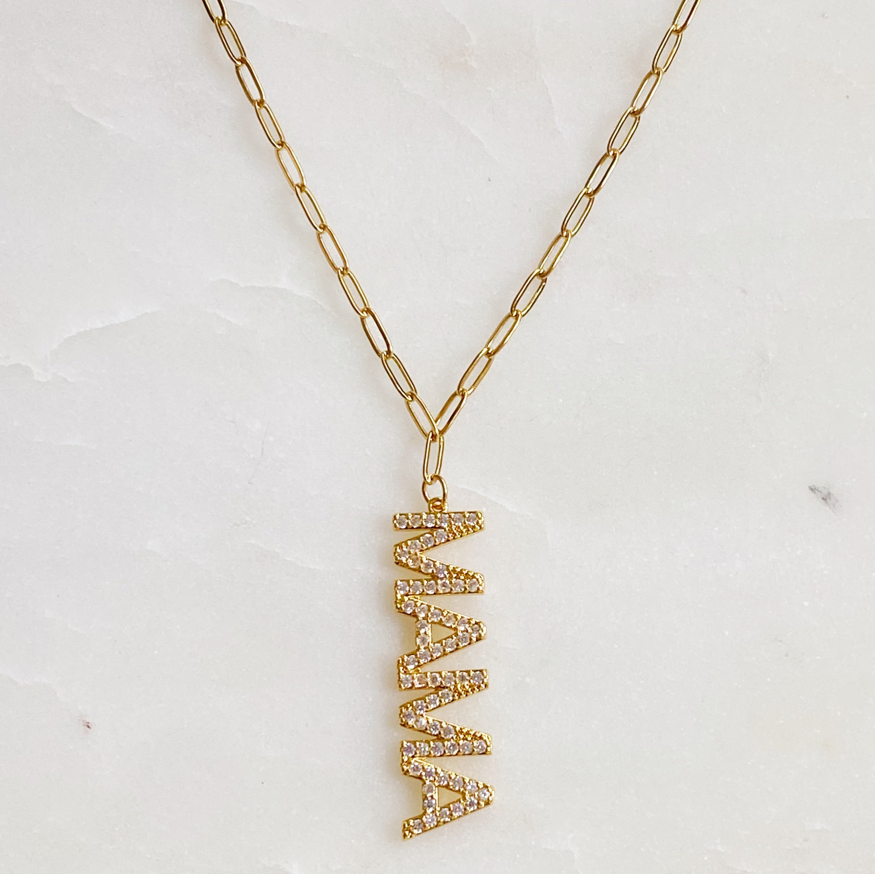 Mama Drop Pendant Necklace featuring a stylish drop pendant on a link chain, crafted from 18k gold plated brass.