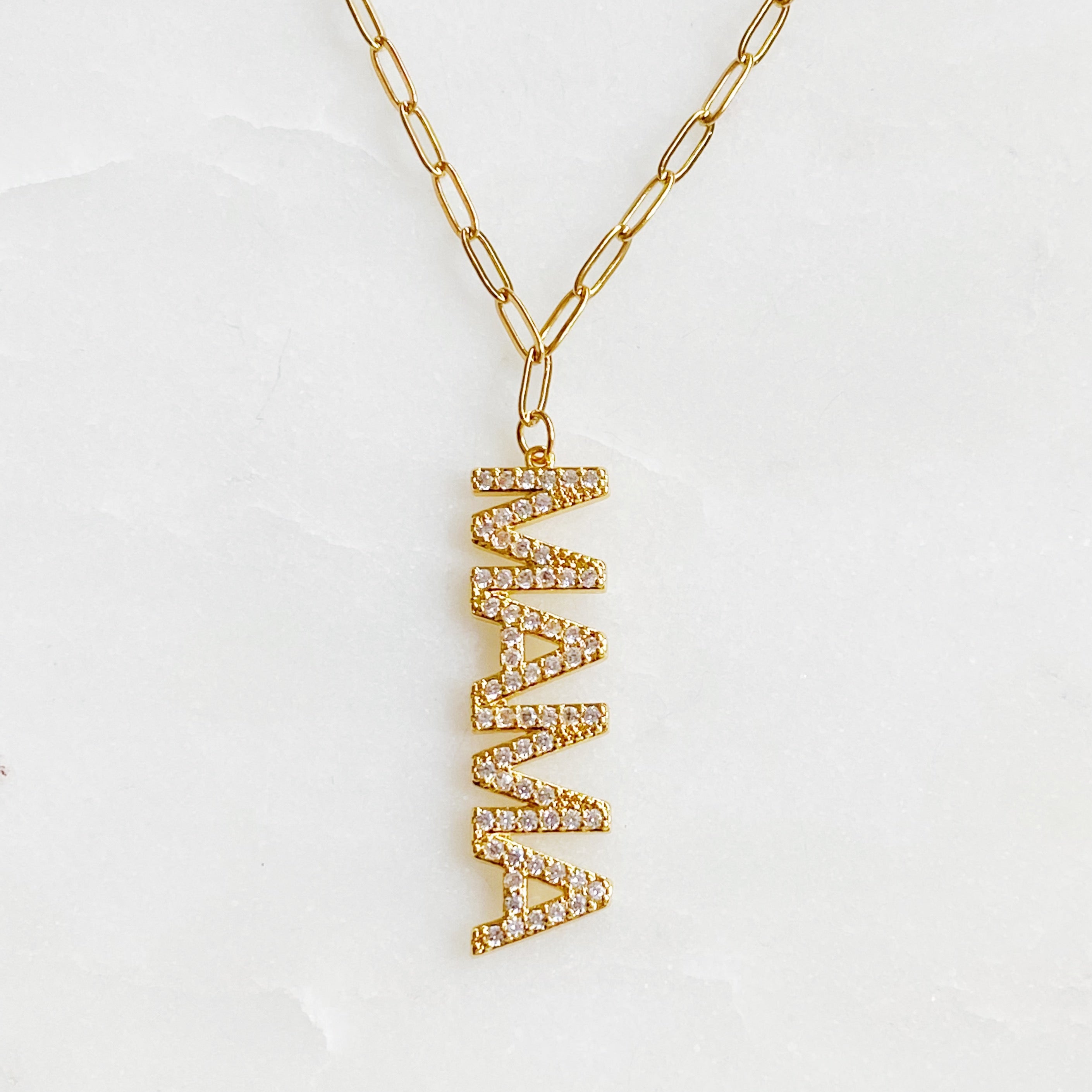 Mama Drop Pendant Necklace featuring a stylish drop pendant on a link chain, crafted from 18k gold plated brass.