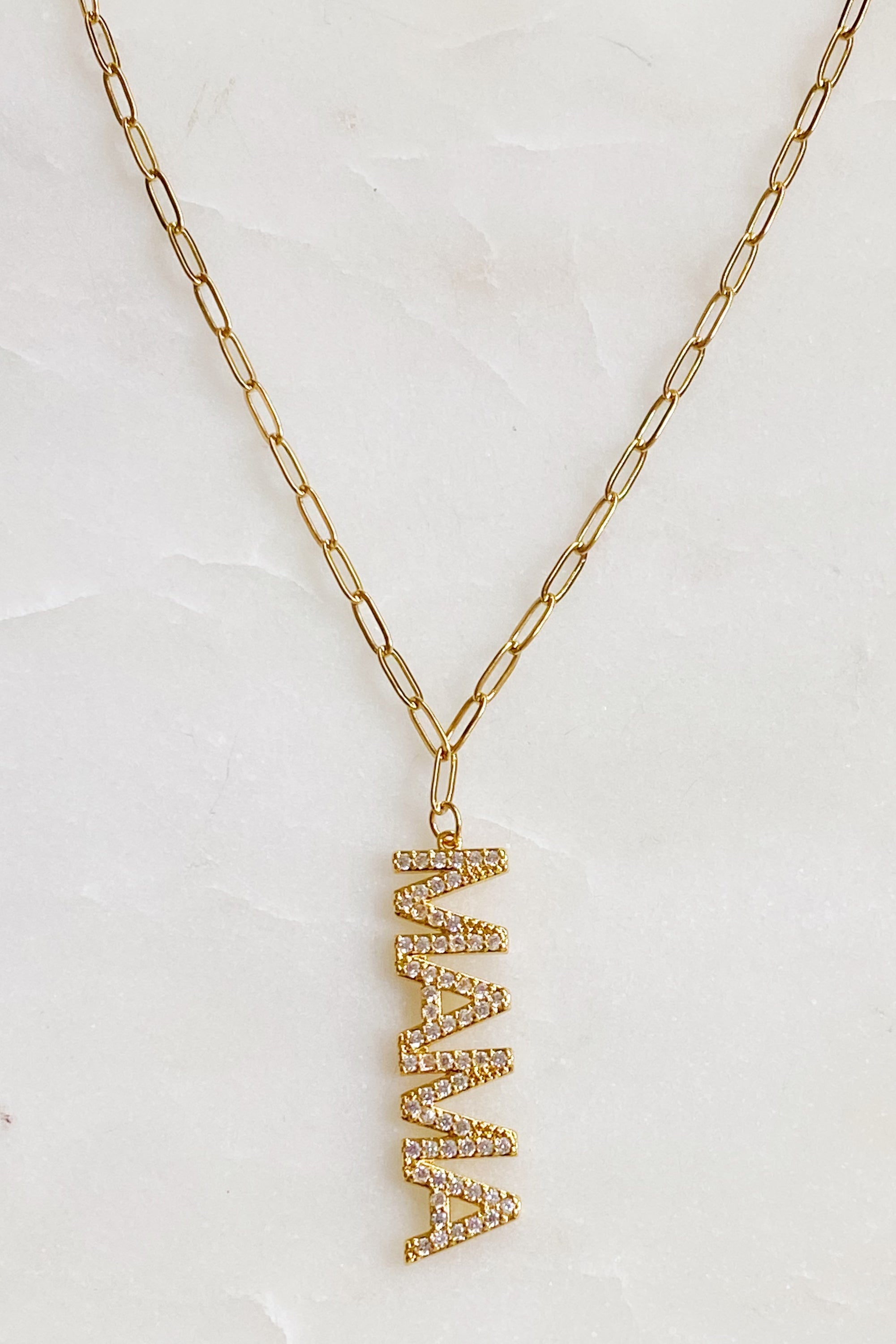 Mama Drop Pendant Necklace featuring a stylish drop pendant on a link chain, crafted from 18k gold plated brass.