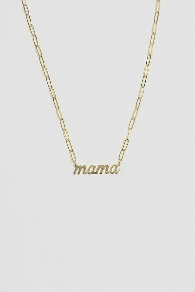 Mama Link Chain Necklace featuring 'mama' script lettering on a trendy chain, gold dipped brass with a brushed finish.