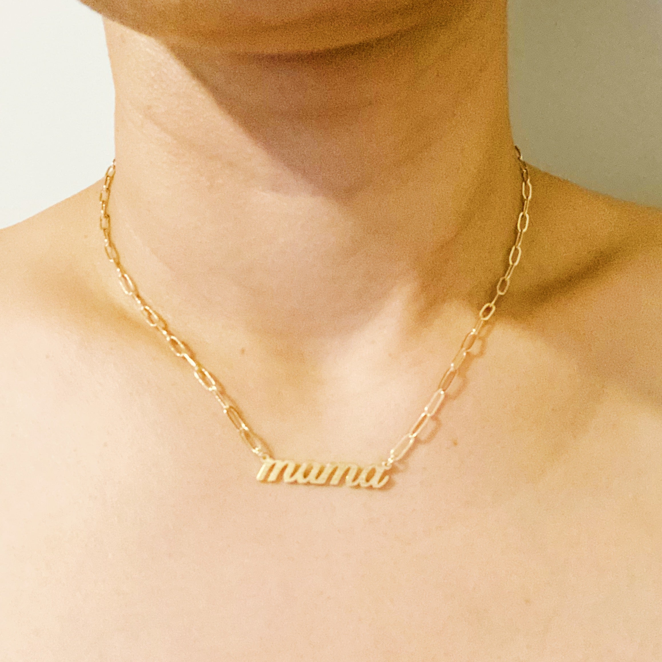 Mama Link Chain Necklace featuring 'mama' script lettering on a trendy chain, gold dipped brass with a brushed finish.