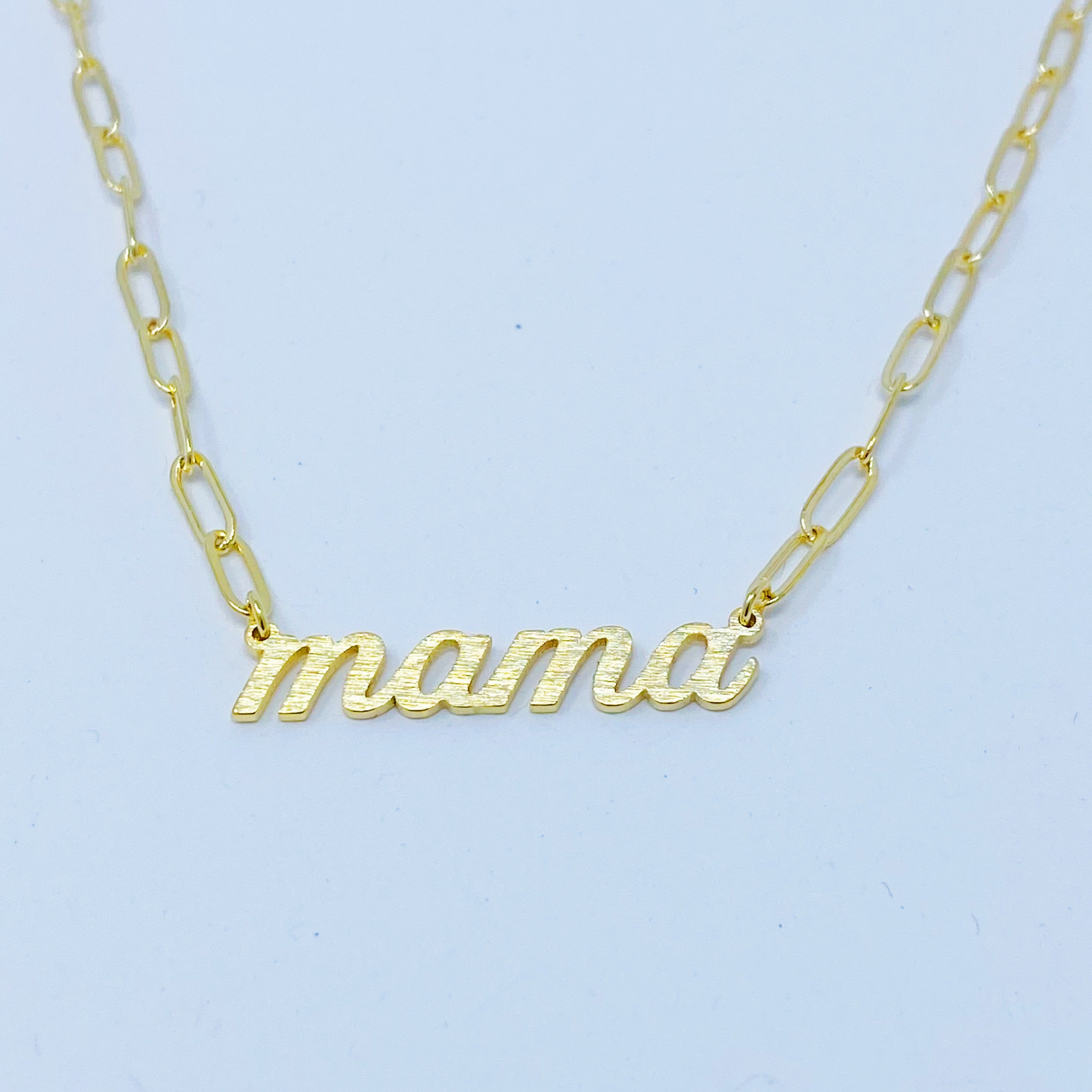 Mama Link Chain Necklace featuring 'mama' script lettering on a trendy chain, gold dipped brass with a brushed finish.