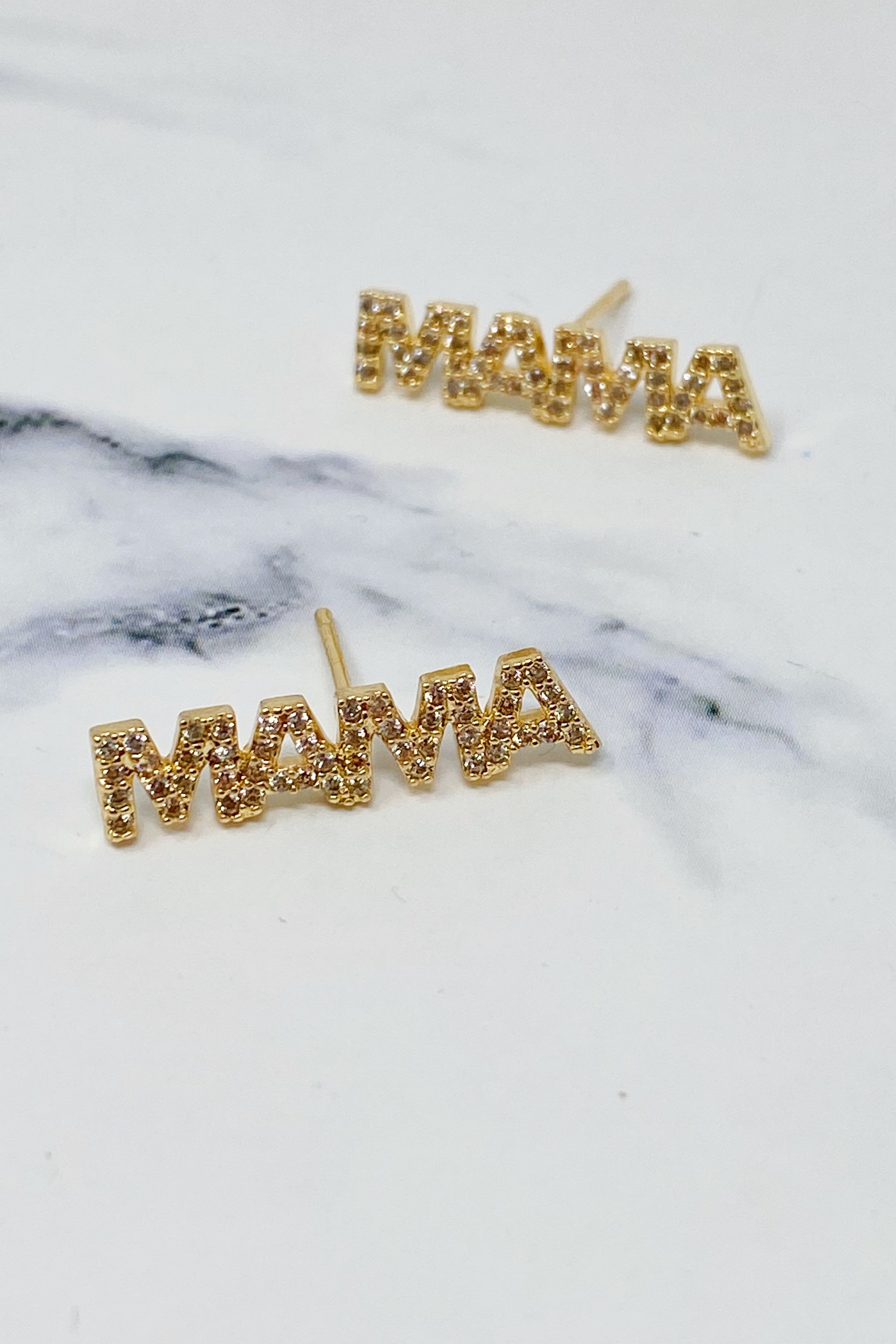 Gold plated Mama stud earrings with shiny Cubic Zirconia, elegantly designed for mothers.