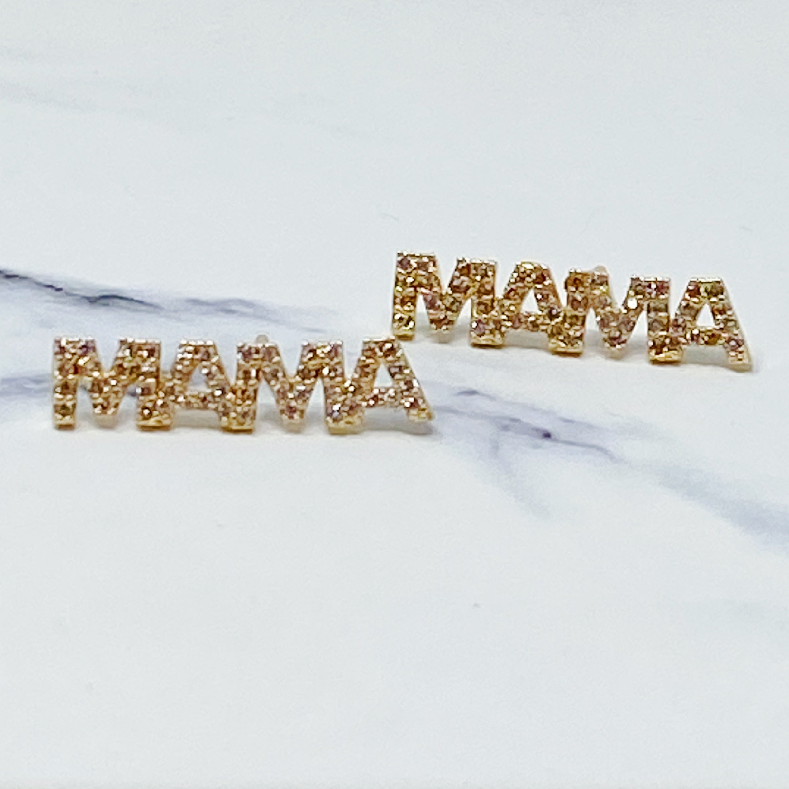 Gold plated Mama stud earrings with shiny Cubic Zirconia, elegantly designed for mothers.