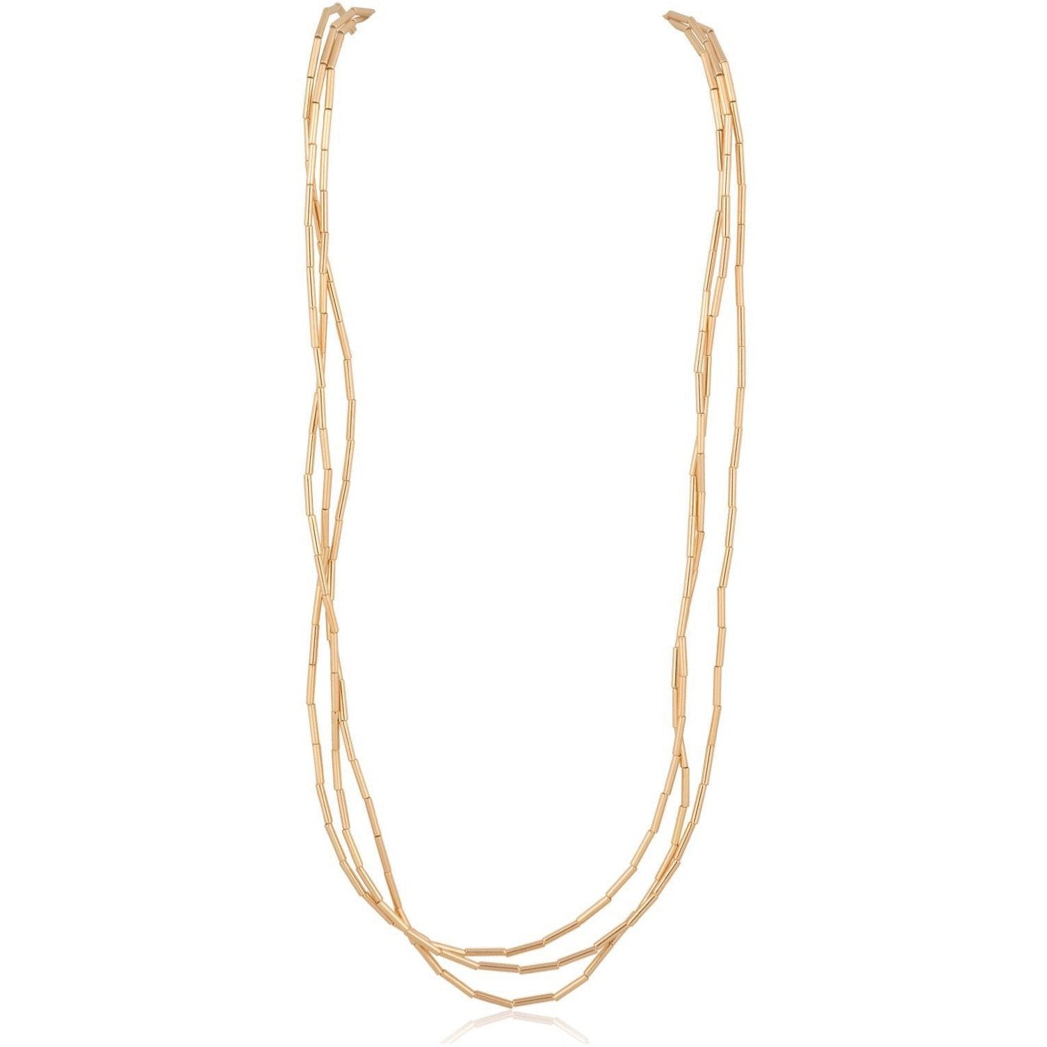 Mara Wrap Necklace featuring an 18k Brazilian gold filled 78-inch chain, styled elegantly around a mannequin's neck.