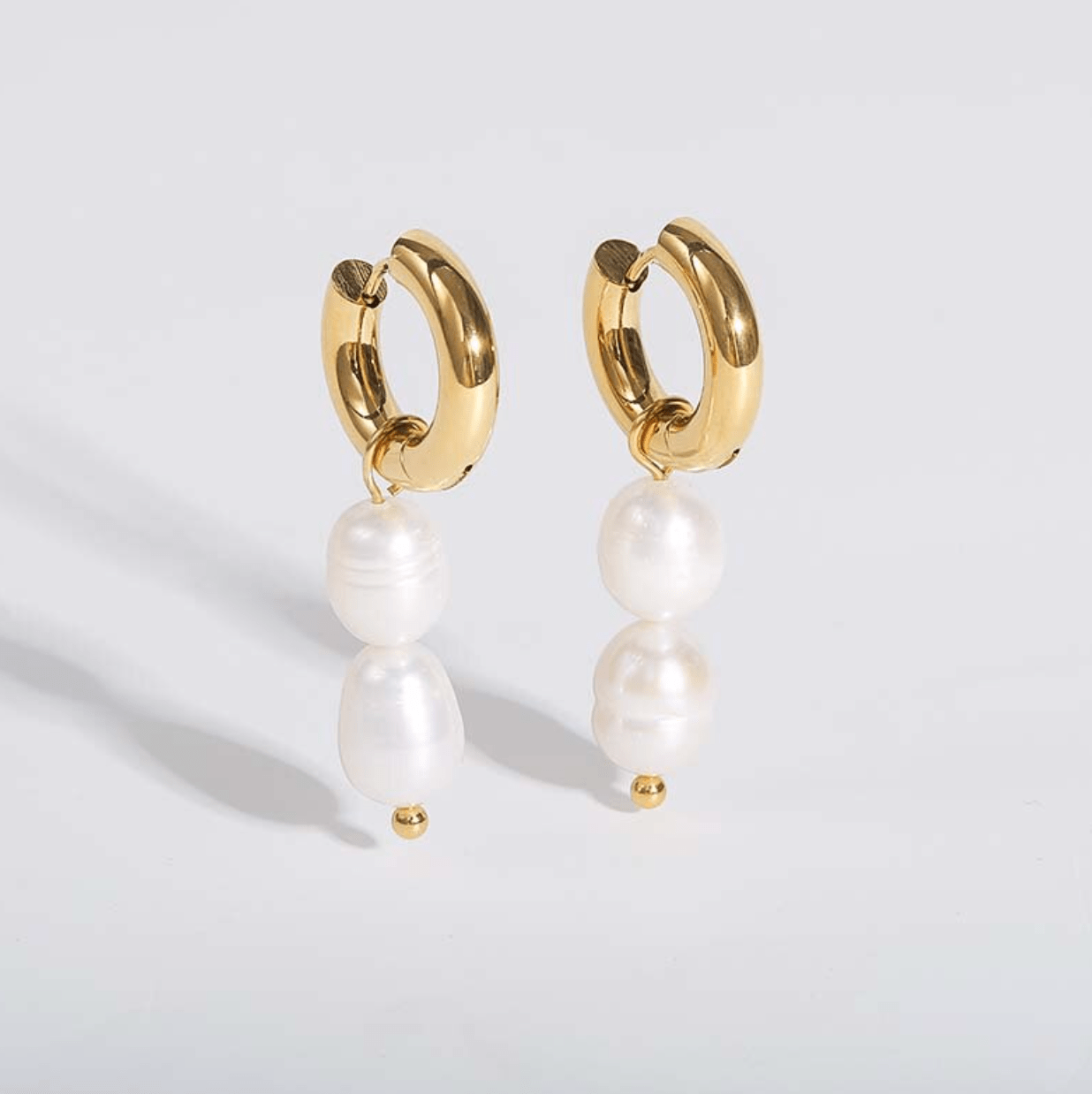 Marc Pearl Earrings Vintage featuring irregular freshwater pearls on 18K gold PVD chunky hoops, elegant and versatile design.