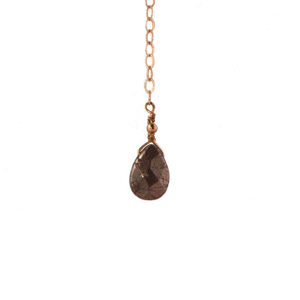 Marcilia 18K Gold Long Lariat featuring a horn pendant and pyrite teardrop on an adjustable gold chain.