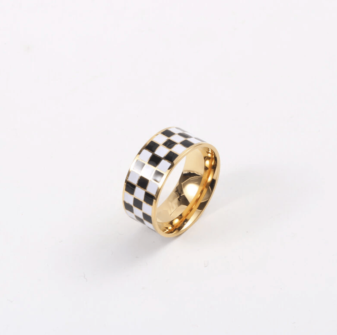 Margaux Black and White Karo Block Band featuring a classic check-board design in stainless steel with 18Kt yellow gold coating.