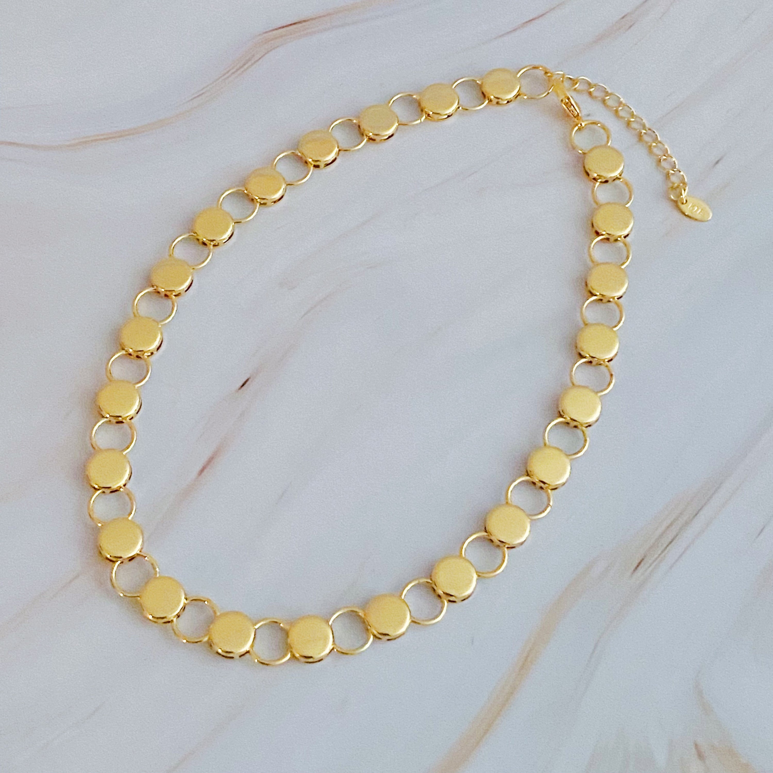 Maria Link Chain Necklace featuring a unique circle link design in 18k gold plating, adjustable length with extender.