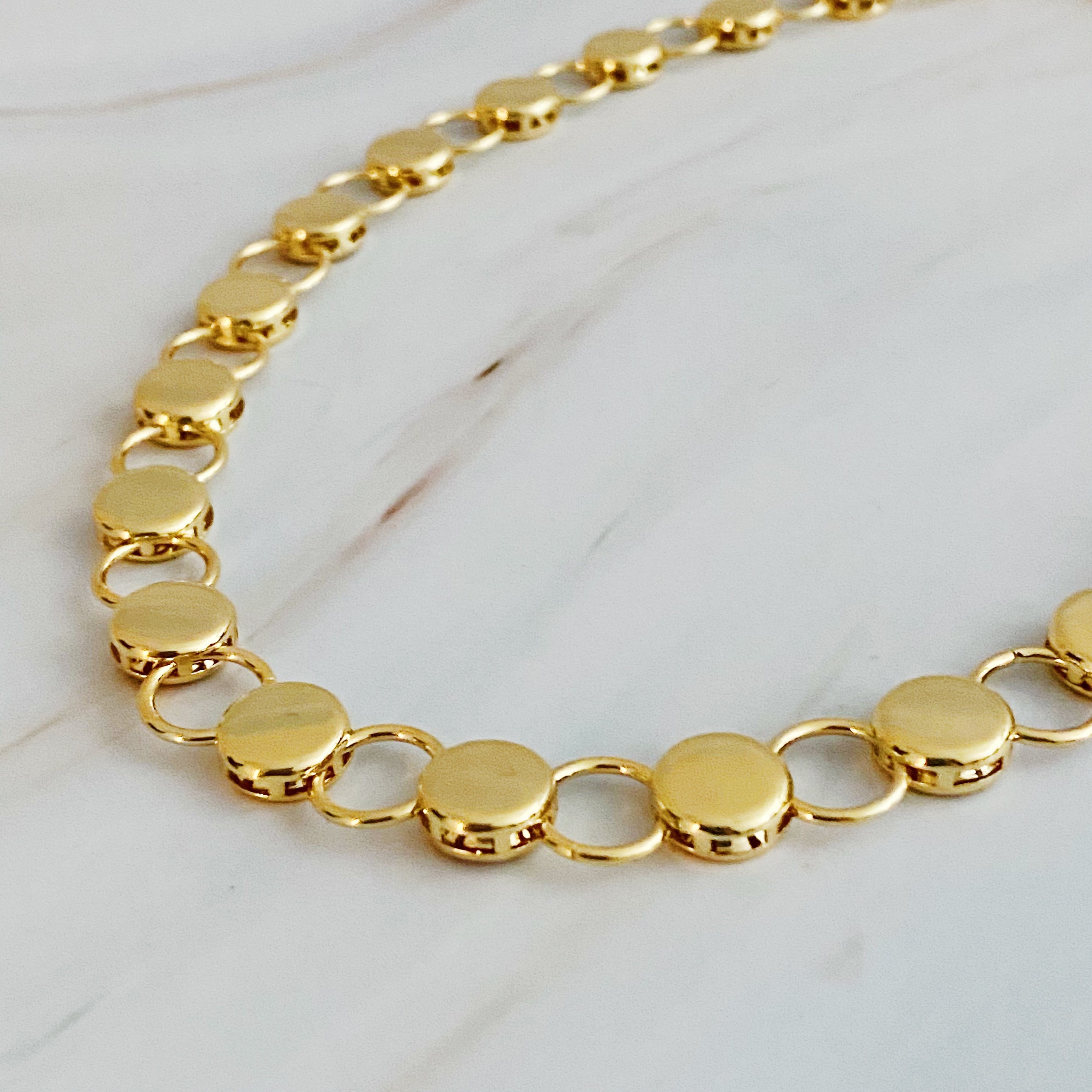 Maria Link Chain Necklace featuring a unique circle link design in 18k gold plating, adjustable length with extender.