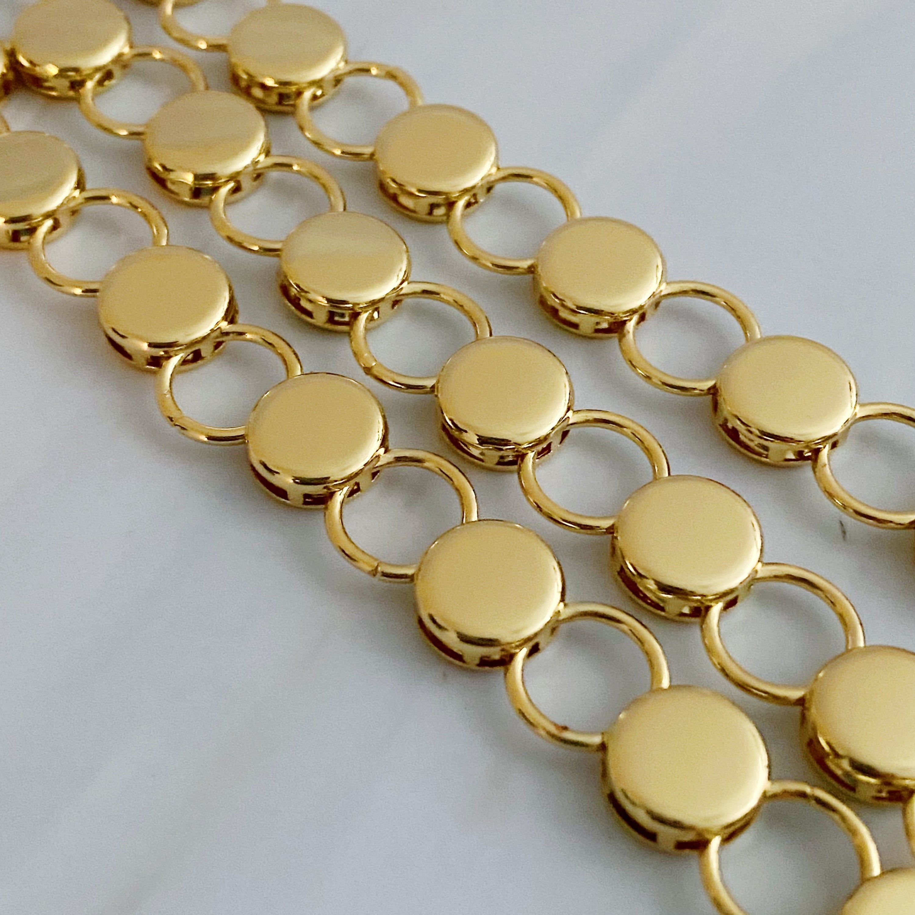 Maria Link Chain Necklace featuring a unique circle link design in 18k gold plating, adjustable length with extender.