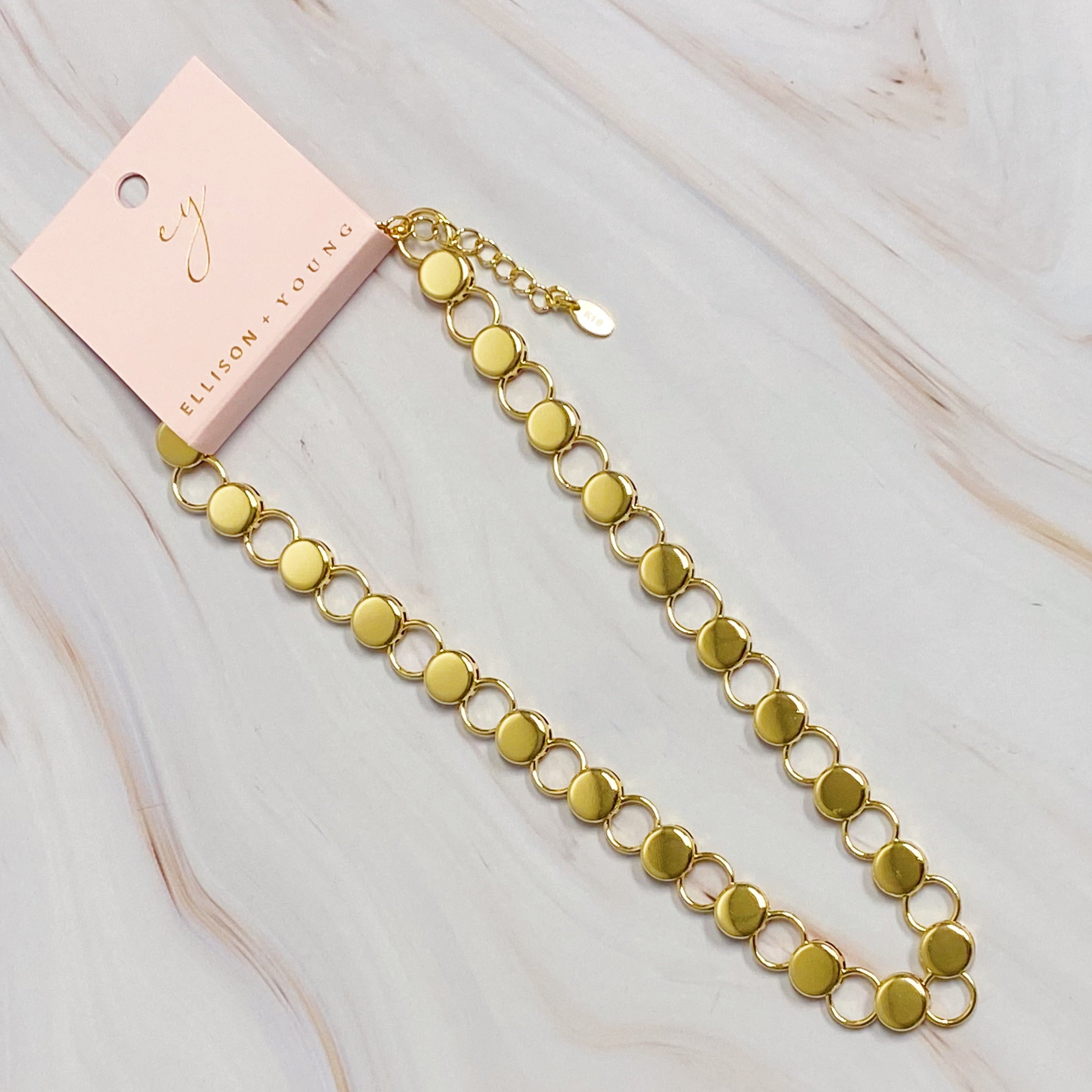 Maria Link Chain Necklace featuring a unique circle link design in 18k gold plating, adjustable length with extender.