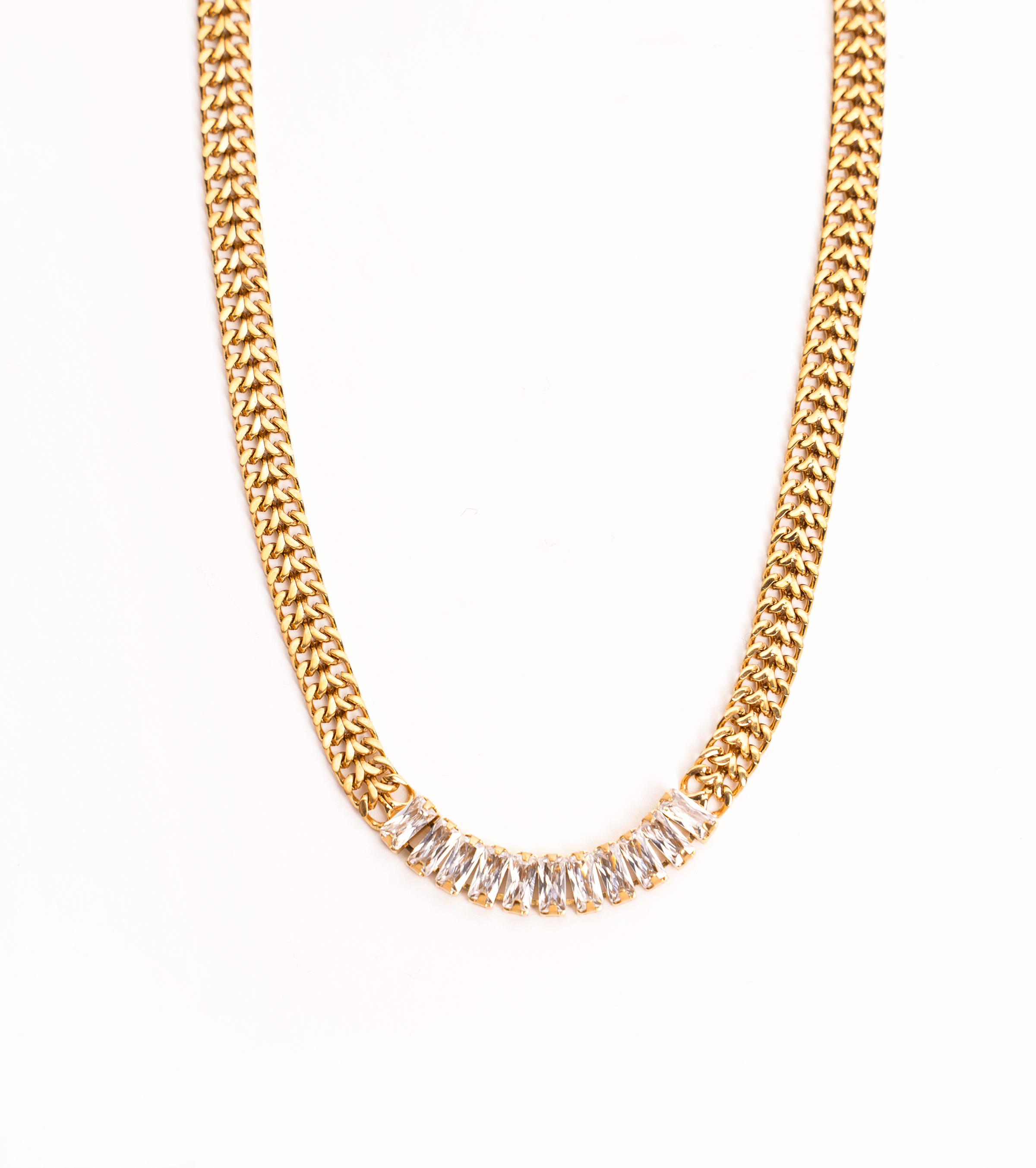 MARISSA Cuban Chain Necklace featuring 18k gold plating and baguette stones on a 3D woven Cuban link chain.