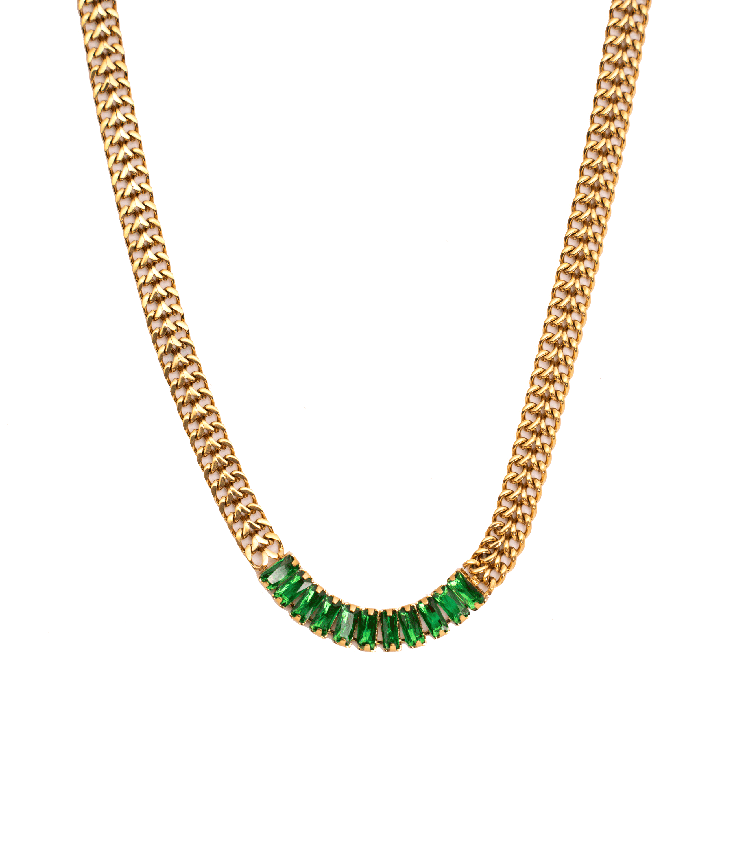 MARISSA Cuban Chain Necklace featuring 18k gold plating and baguette stones on a 3D woven Cuban link chain.