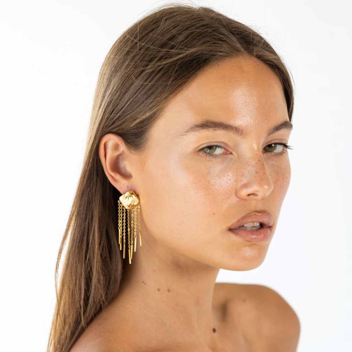 Elegant Marisol Drop Earring featuring 18k gold plating and delicate chains for stunning movement.