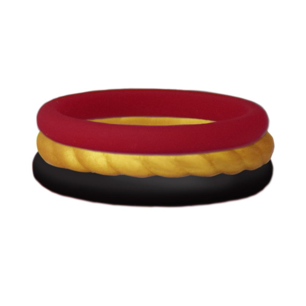 Maroon, rope gold, and black stackable silicone ring displayed on a white background, showcasing its vibrant colors and sleek design.