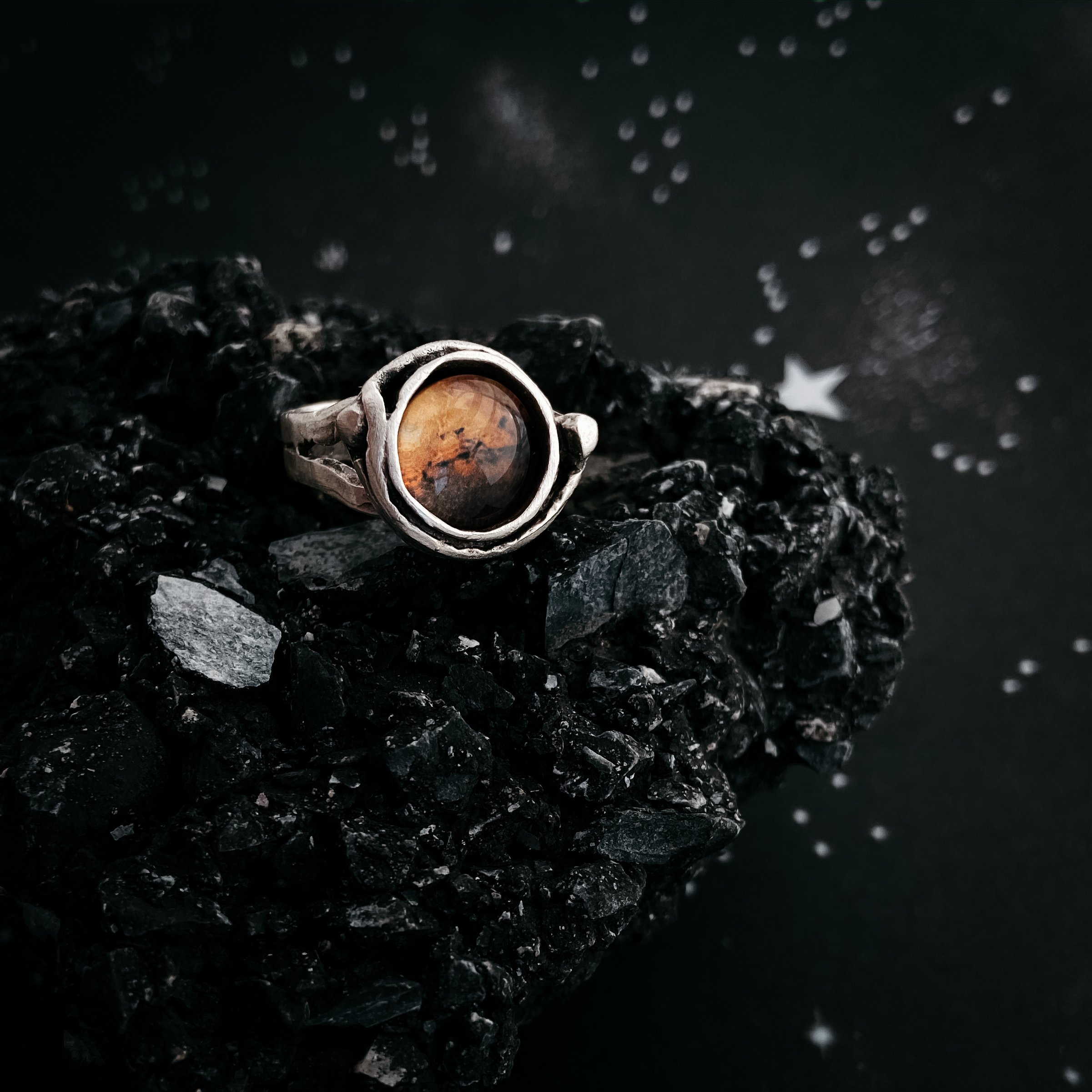 Mars and Moons Ring featuring a red Mars planet with two orbiting silver beads representing Deimos and Phobos, handcrafted in silver plated brass.