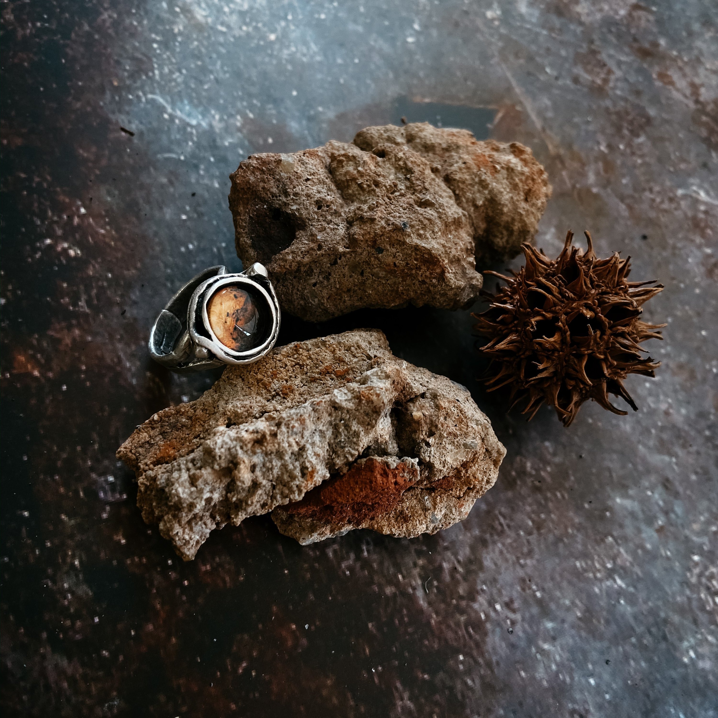 Mars and Moons Ring featuring a red Mars planet with two orbiting silver beads representing Deimos and Phobos, handcrafted in silver plated brass.