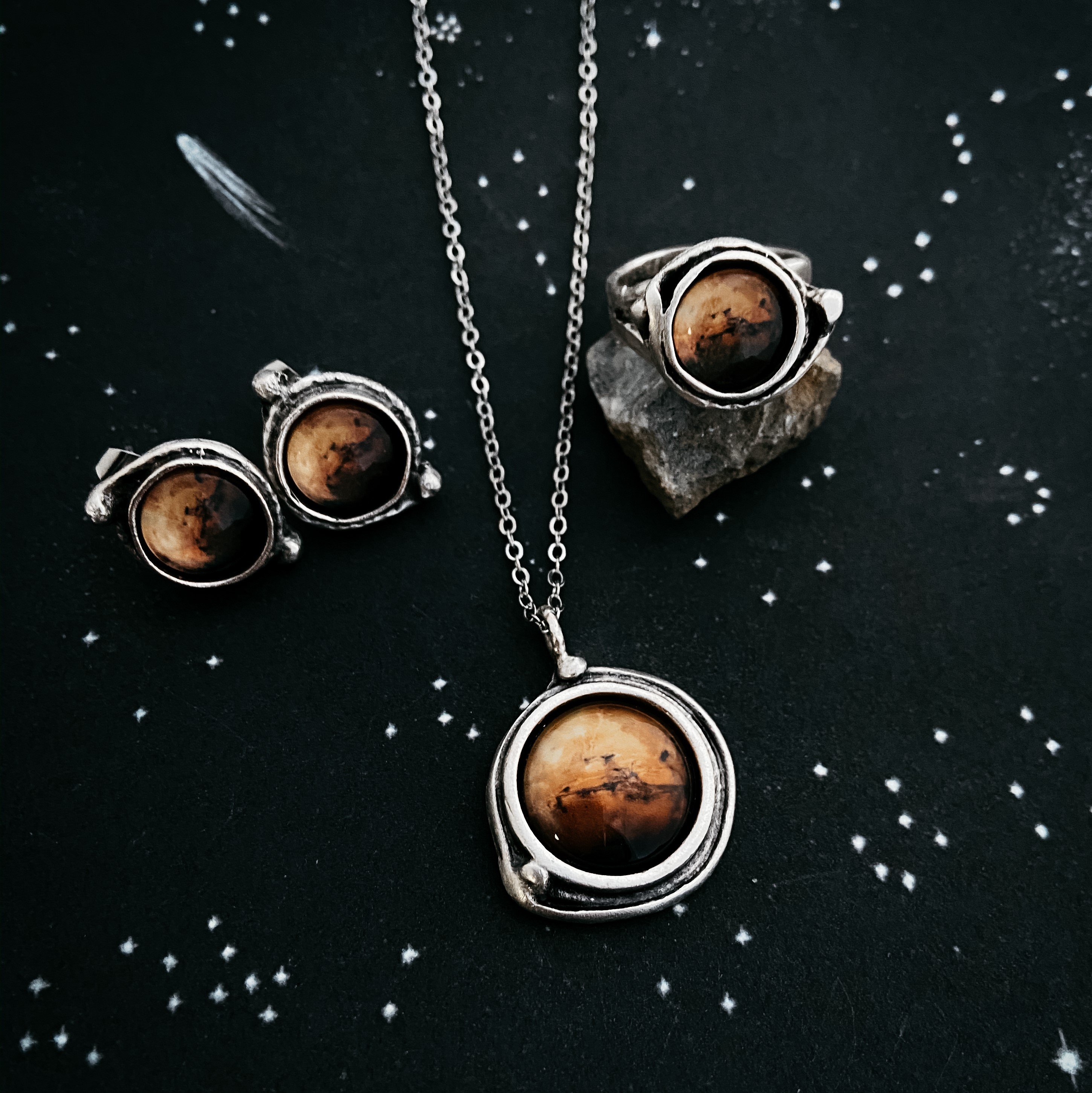 Mars Jewelry Gift Set featuring a necklace, earrings, and adjustable ring with silver beads representing Mars' moons.