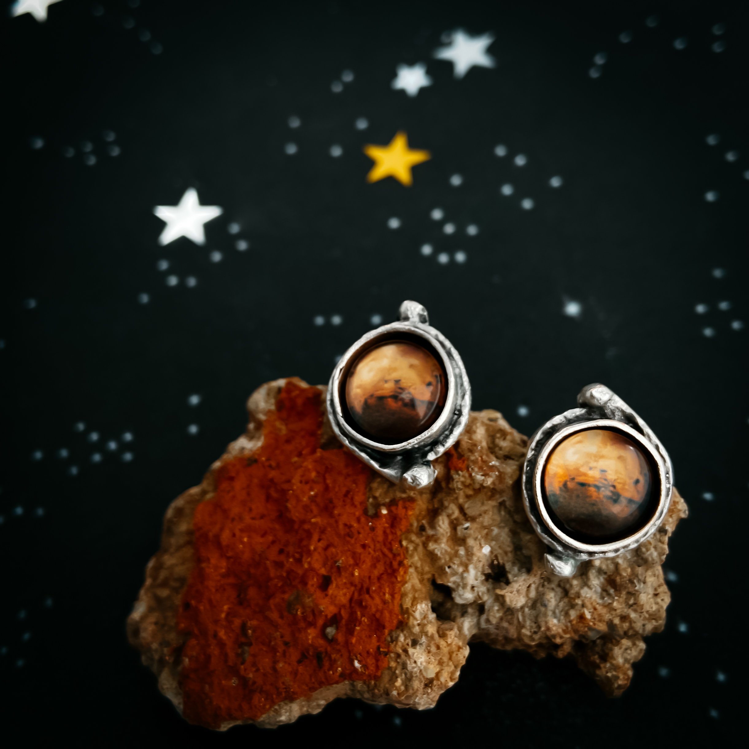 Mars Jewelry Gift Set featuring a necklace, earrings, and adjustable ring with silver beads representing Mars' moons.