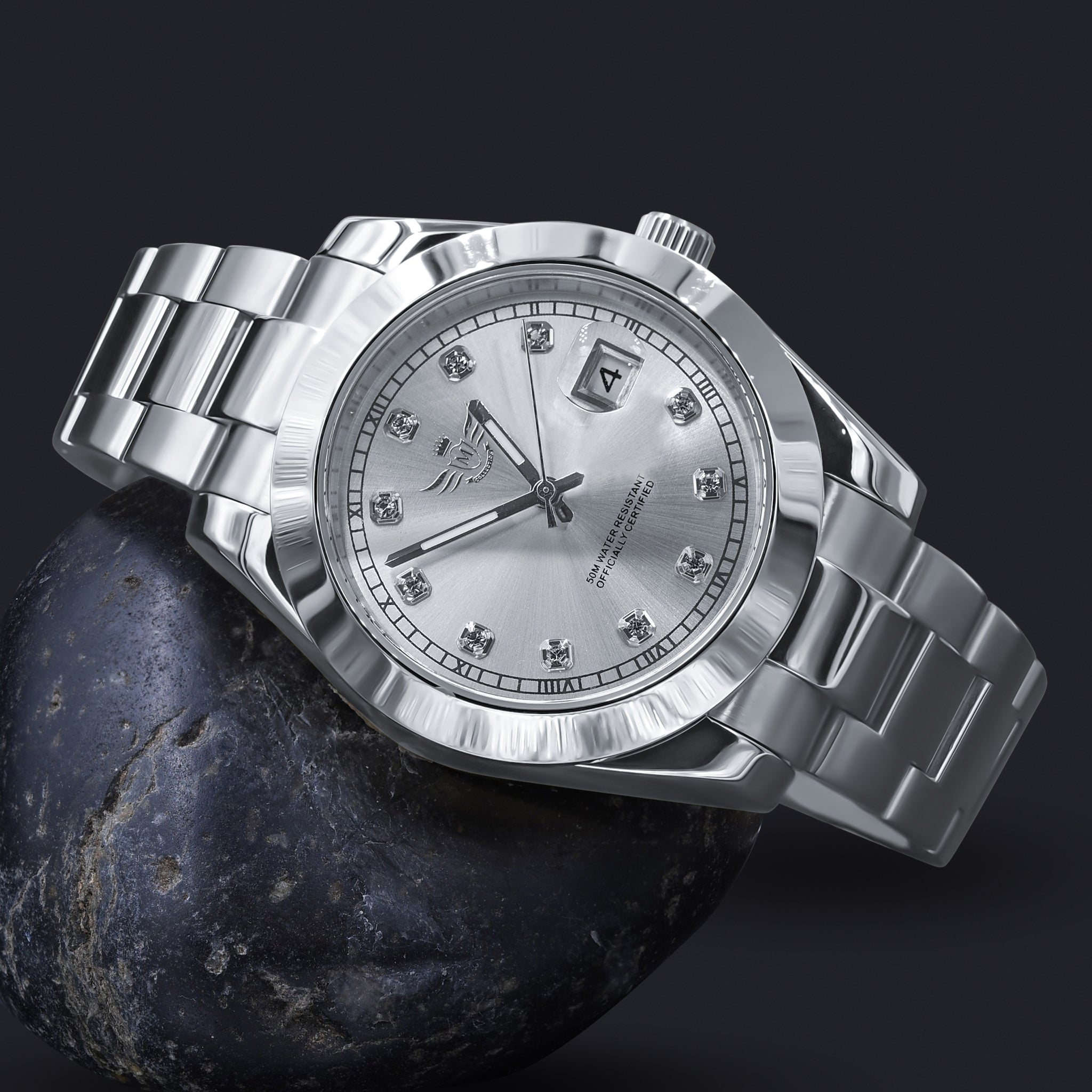 MARSHAL STEEL AUTOMATIC WATCH I 530681 featuring a dazzling dial with CZ stones and a polished stainless steel band.