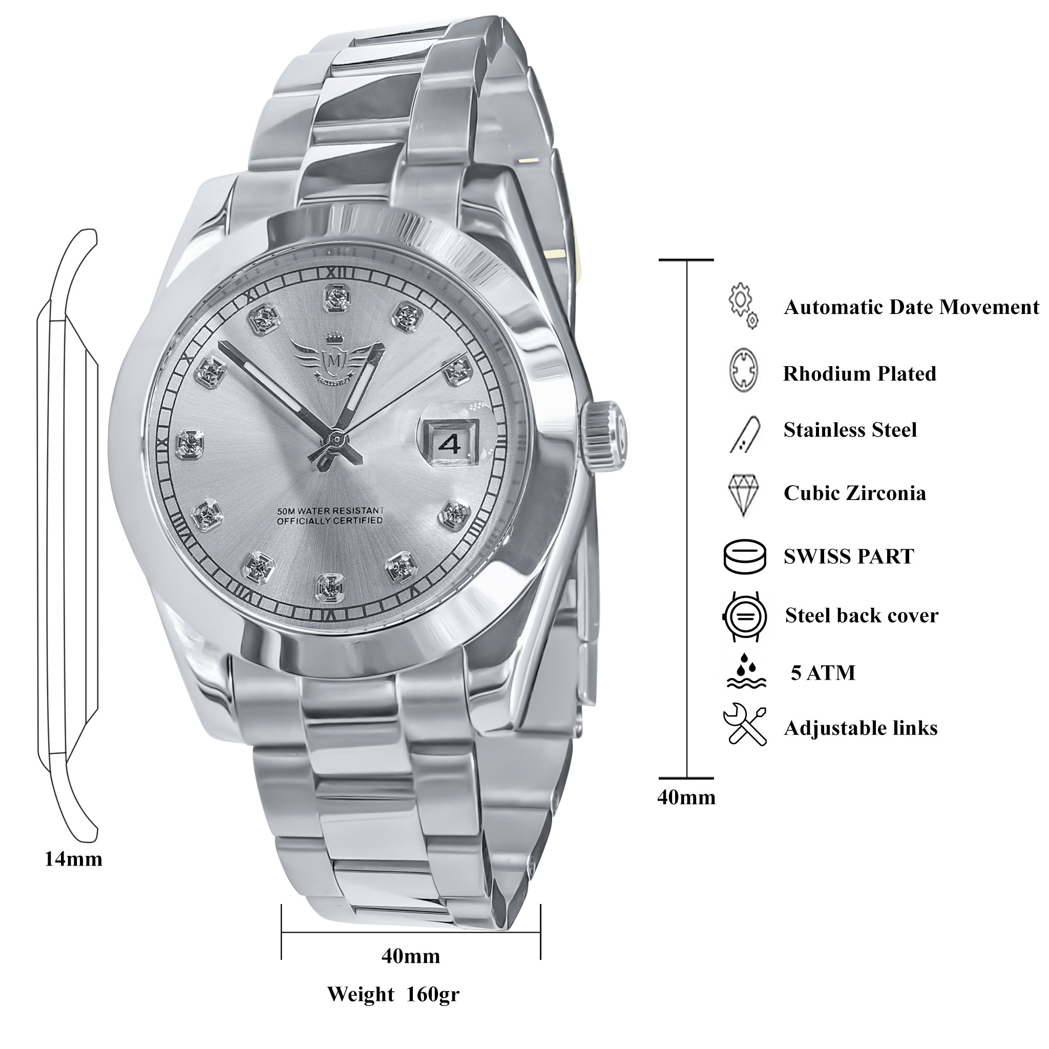 MARSHAL STEEL AUTOMATIC WATCH I 530681 featuring a dazzling dial with CZ stones and a polished stainless steel band.