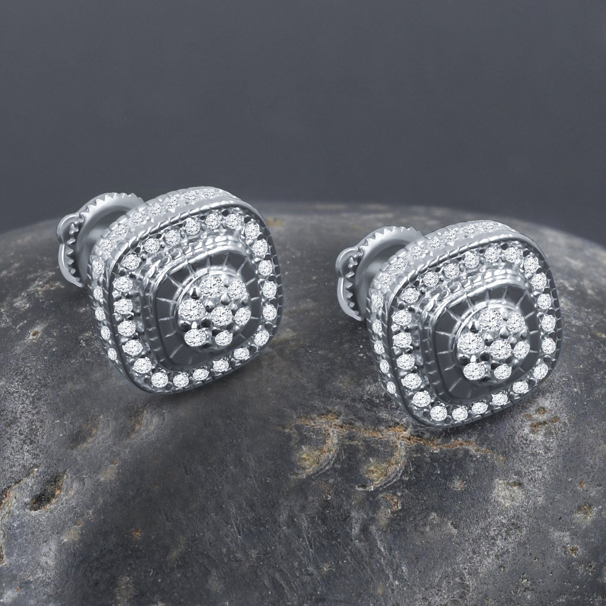 MARVY Silver Earrings featuring Cubic Zirconias in a gold slick frame, elegantly designed for a stunning look.