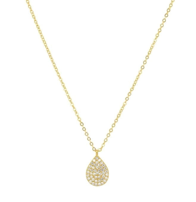 Maura Pave Teardrop Necklace featuring a cz stone pendant and 18k gold plating, elegantly displayed on a soft background.