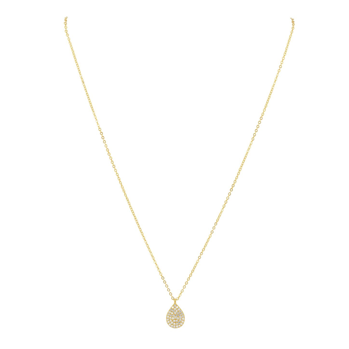 Maura Pave Teardrop Necklace featuring a cz stone pendant and 18k gold plating, elegantly displayed on a soft background.