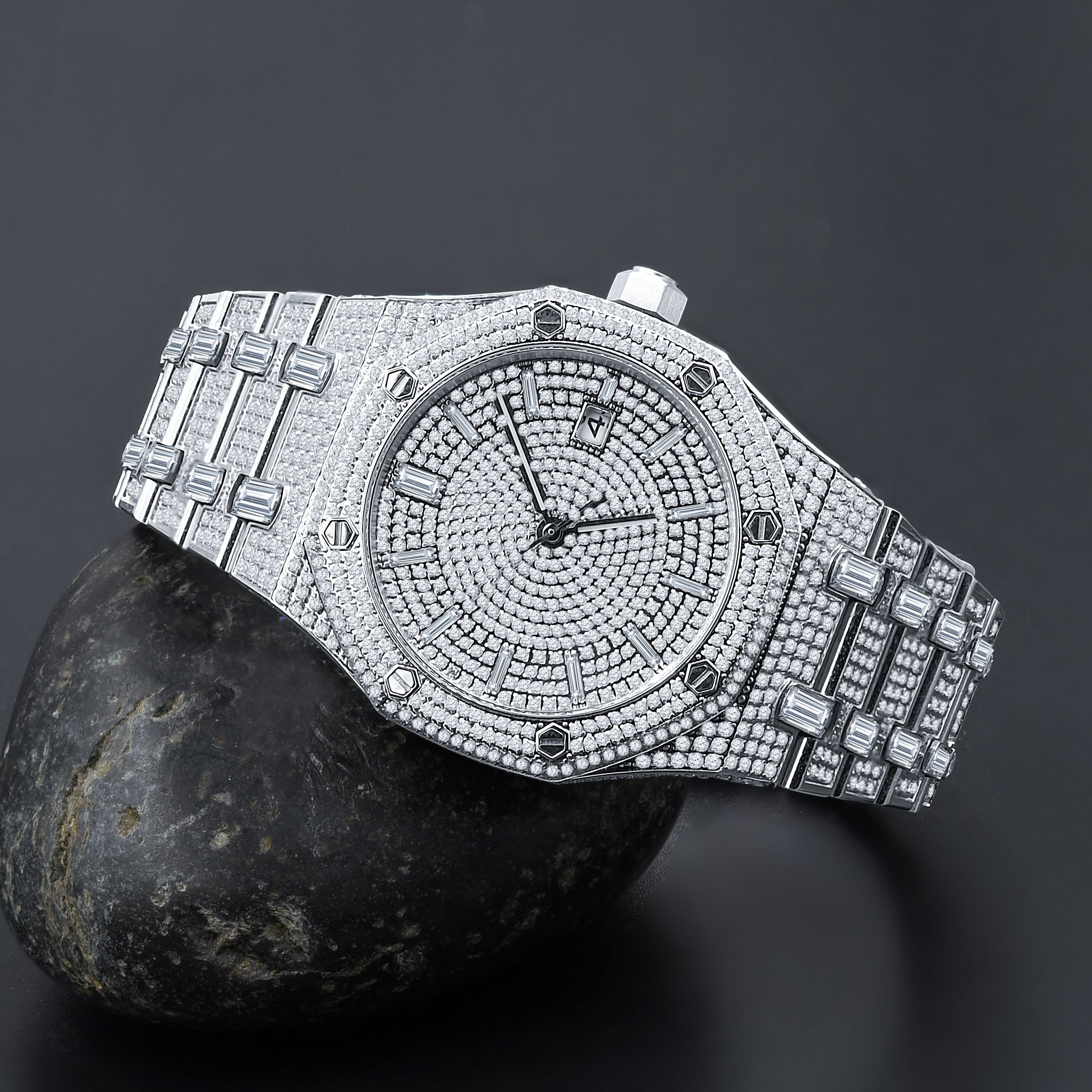 MAVERICK Steel Watch showcasing its bling metal design, rhodium plating, and adjustable links.