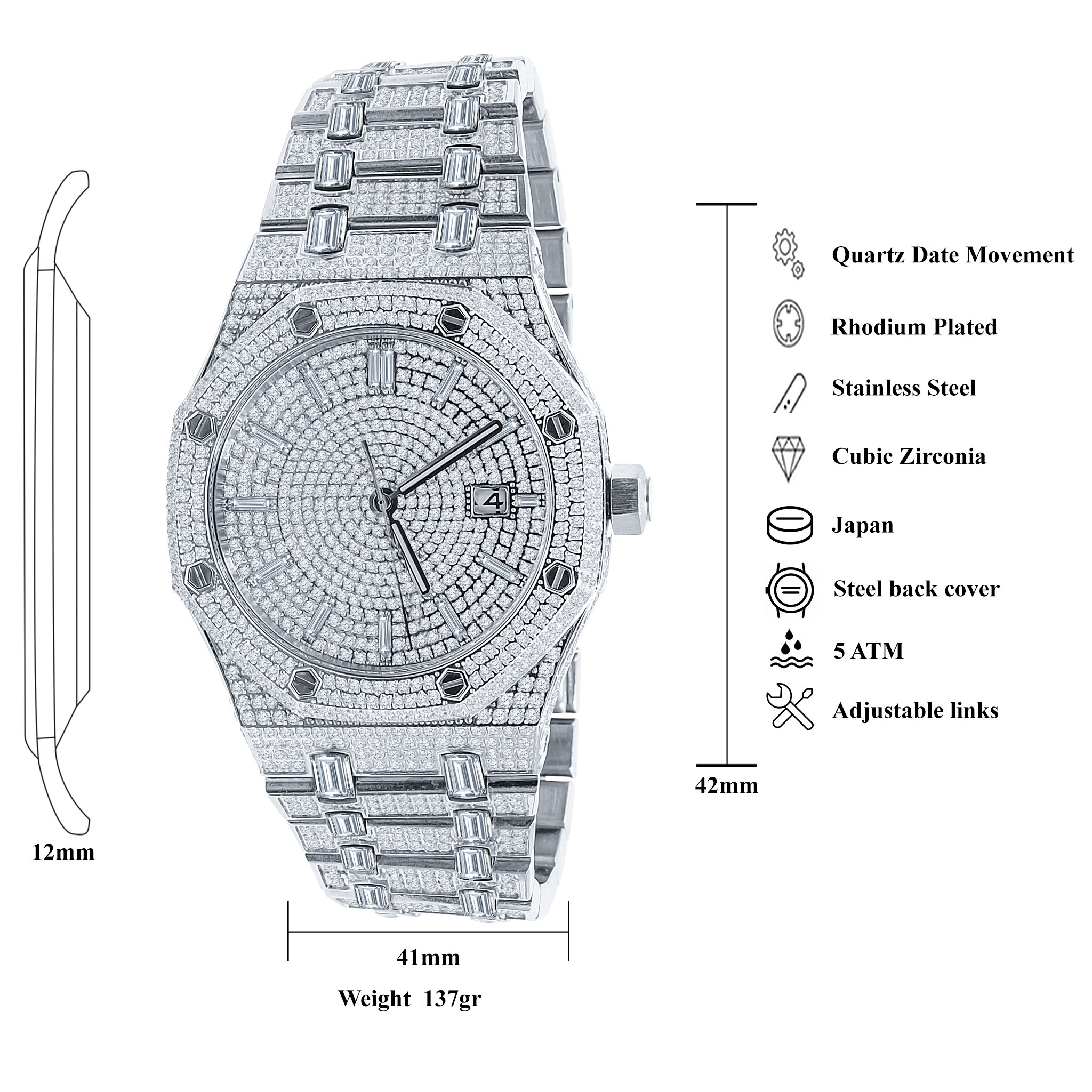 MAVERICK Steel Watch showcasing its bling metal design, rhodium plating, and adjustable links.