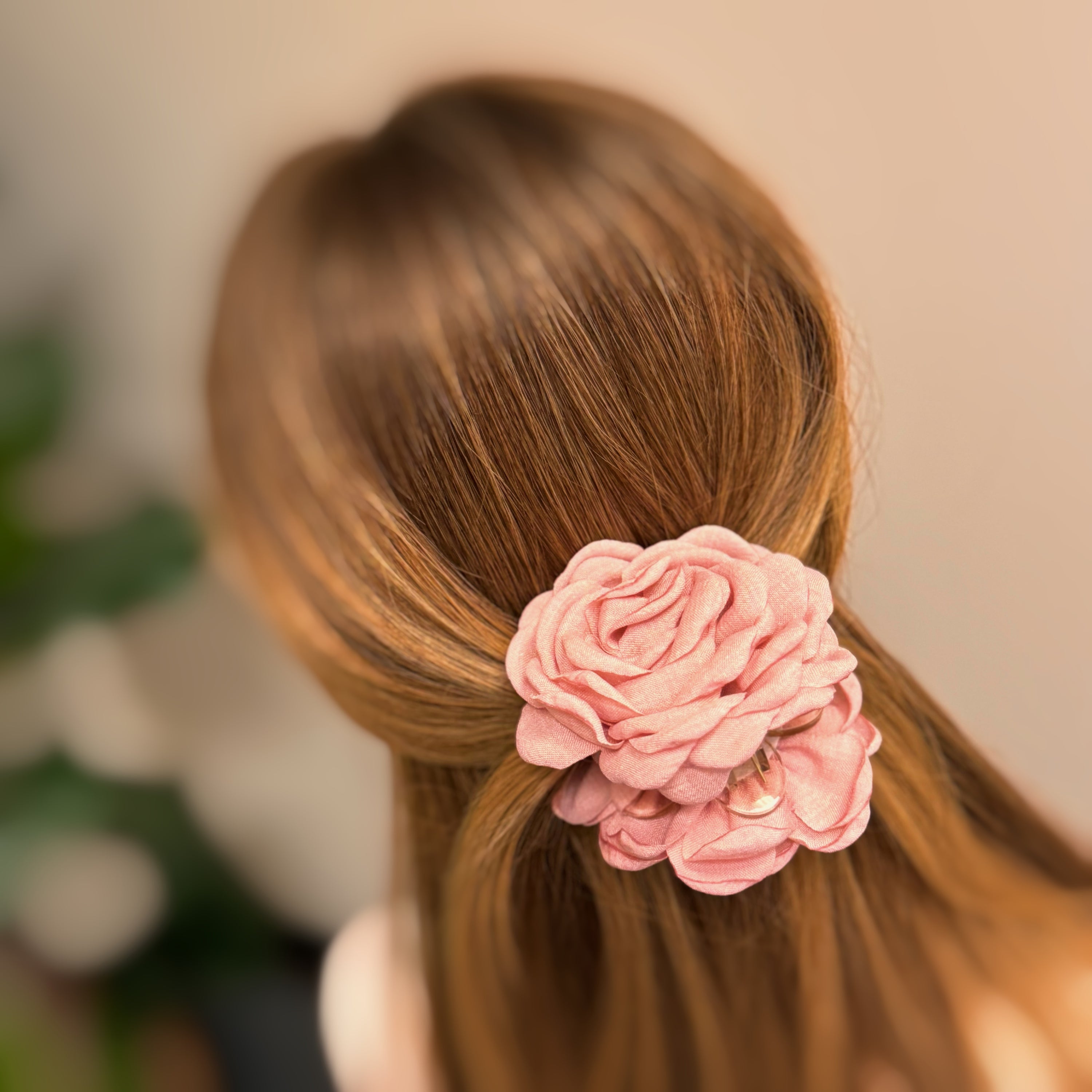 May Rose Double Sided Hair Claw featuring delicate fabric petals and floral design, perfect for elegant hairstyles.