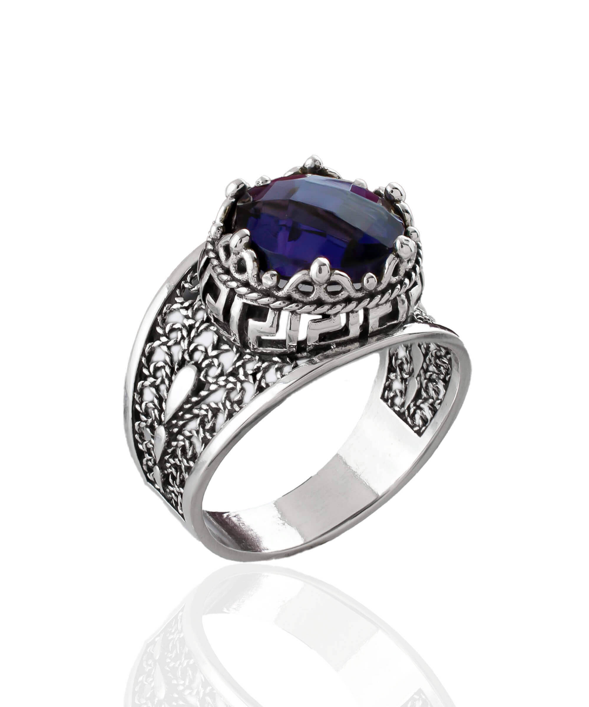 Elegant Meander Pattern Filigree Art Cocktail Ring featuring a round-cut amethyst gemstone set in 925 sterling silver.