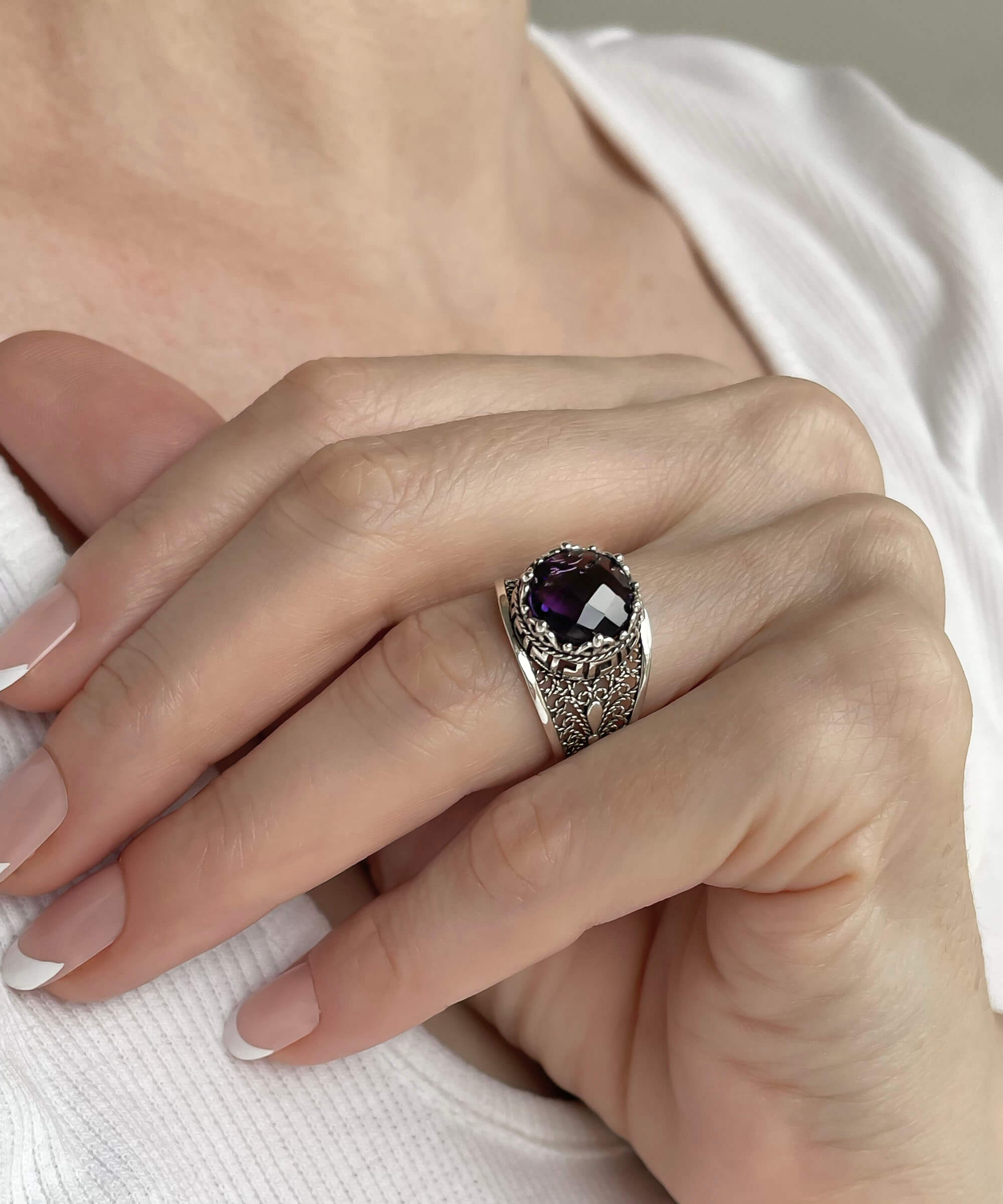 Elegant Meander Pattern Filigree Art Cocktail Ring featuring a round-cut amethyst gemstone set in 925 sterling silver.