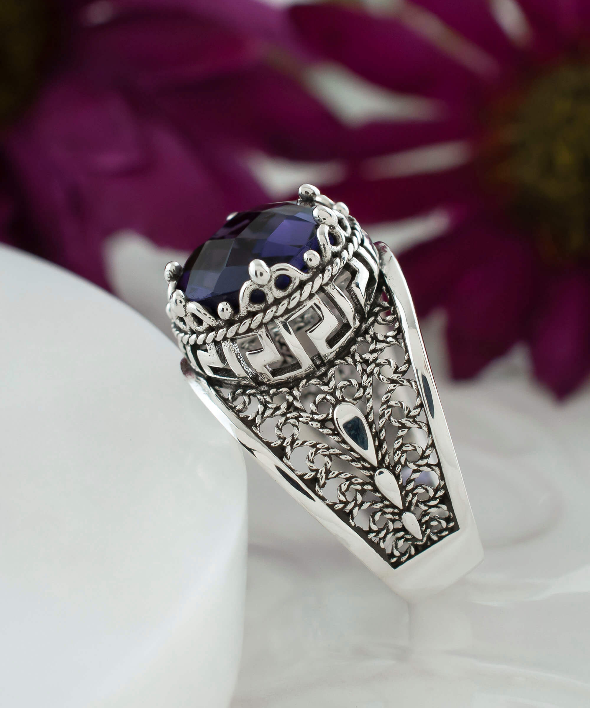 Elegant Meander Pattern Filigree Art Cocktail Ring featuring a round-cut amethyst gemstone set in 925 sterling silver.