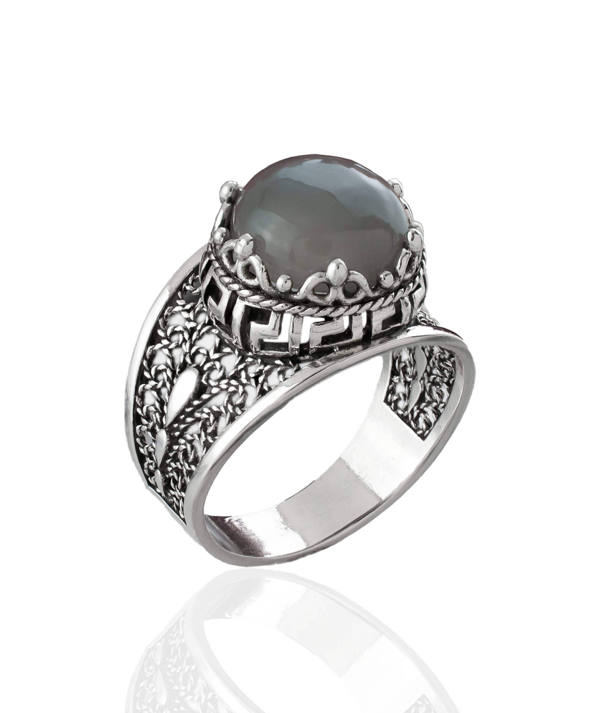 Elegant Meander Pattern Filigree Art Ring featuring a gray moonstone gemstone set in 925 sterling silver, perfect for women.