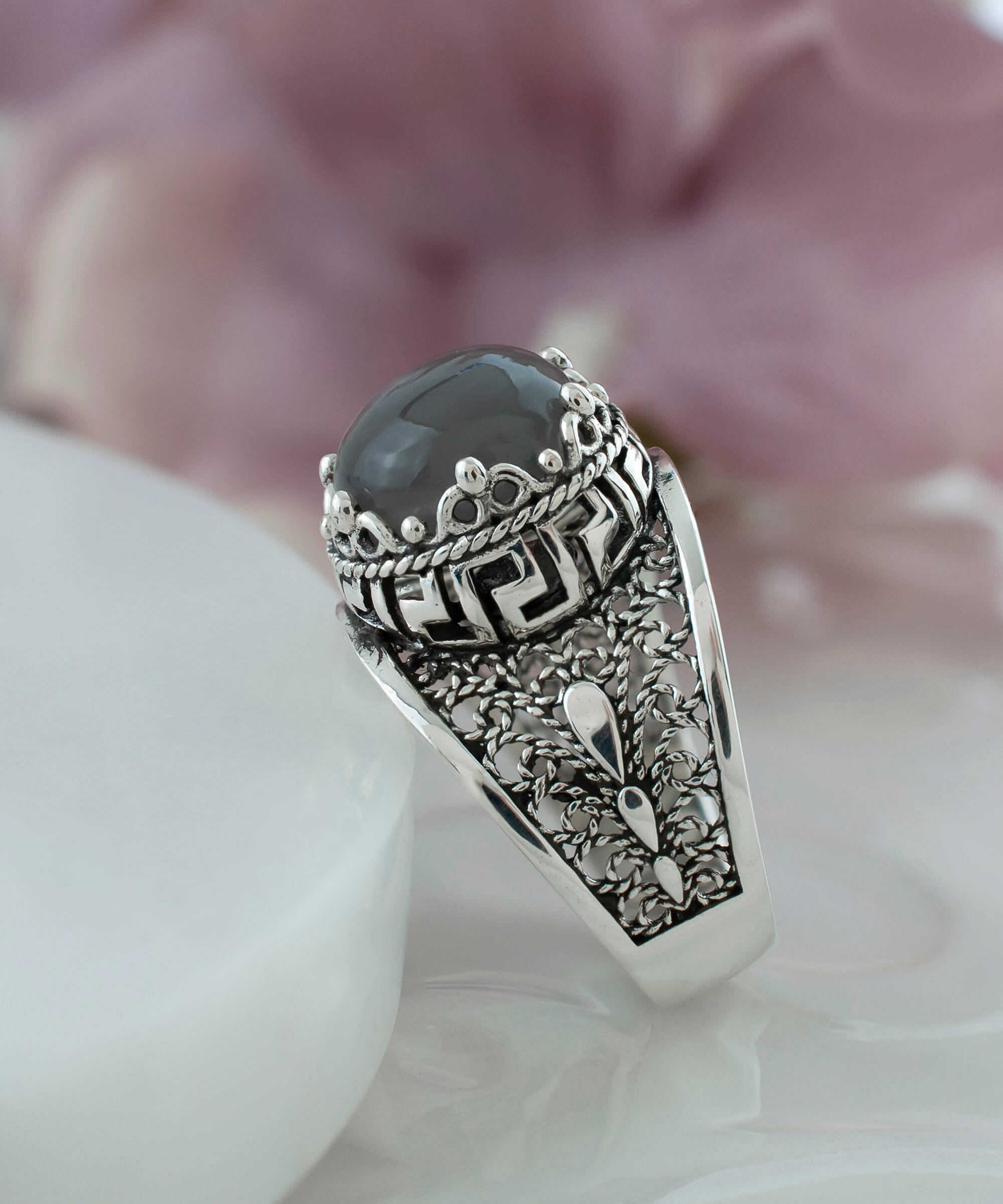 Elegant Meander Pattern Filigree Art Ring featuring a gray moonstone gemstone set in 925 sterling silver, perfect for women.