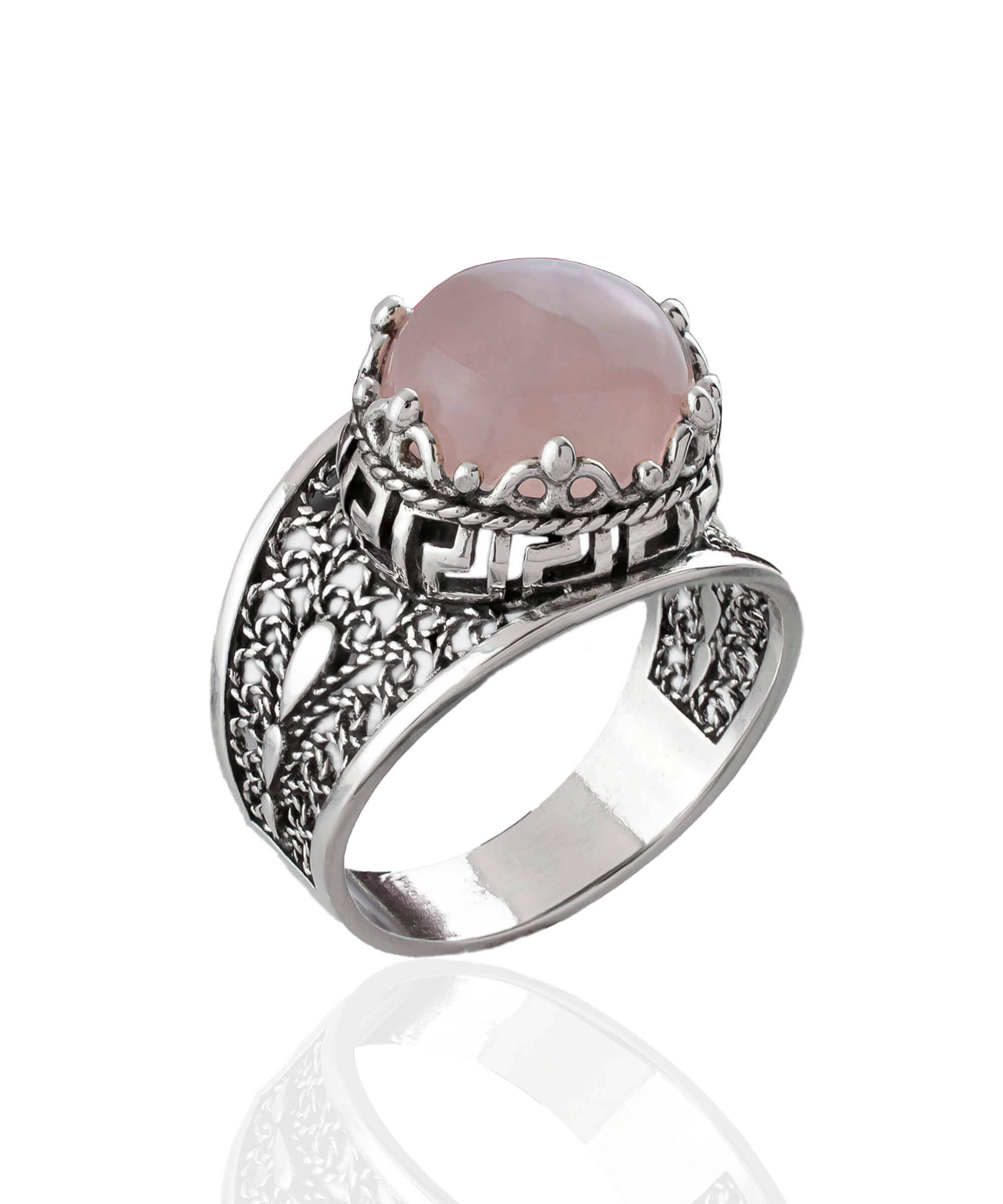 Elegant Meander Pattern Filigree Art Ring featuring a round-cut rose quartz gemstone set in 925 sterling silver.