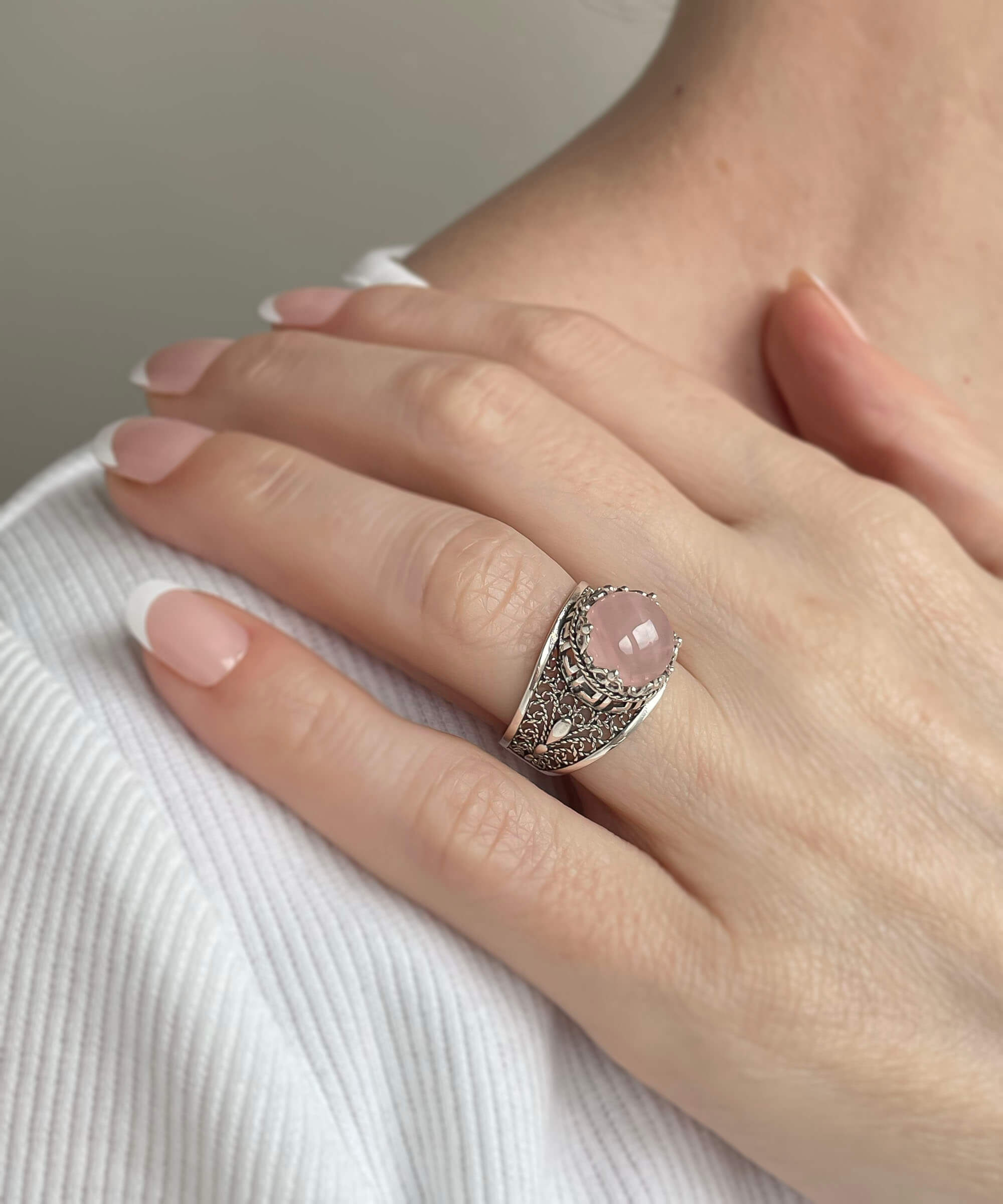 Elegant Meander Pattern Filigree Art Ring featuring a round-cut rose quartz gemstone set in 925 sterling silver.