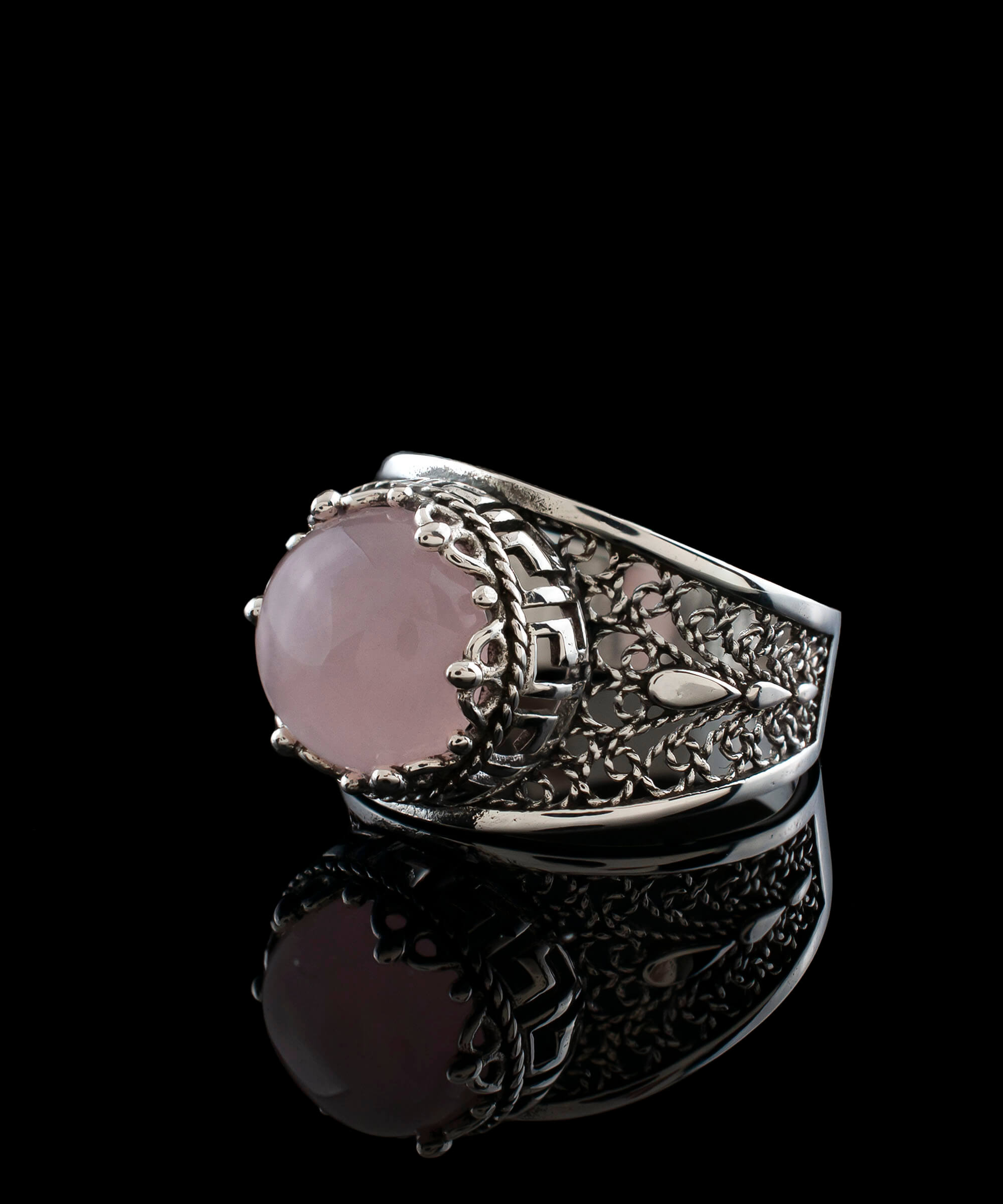 Elegant Meander Pattern Filigree Art Ring featuring a round-cut rose quartz gemstone set in 925 sterling silver.