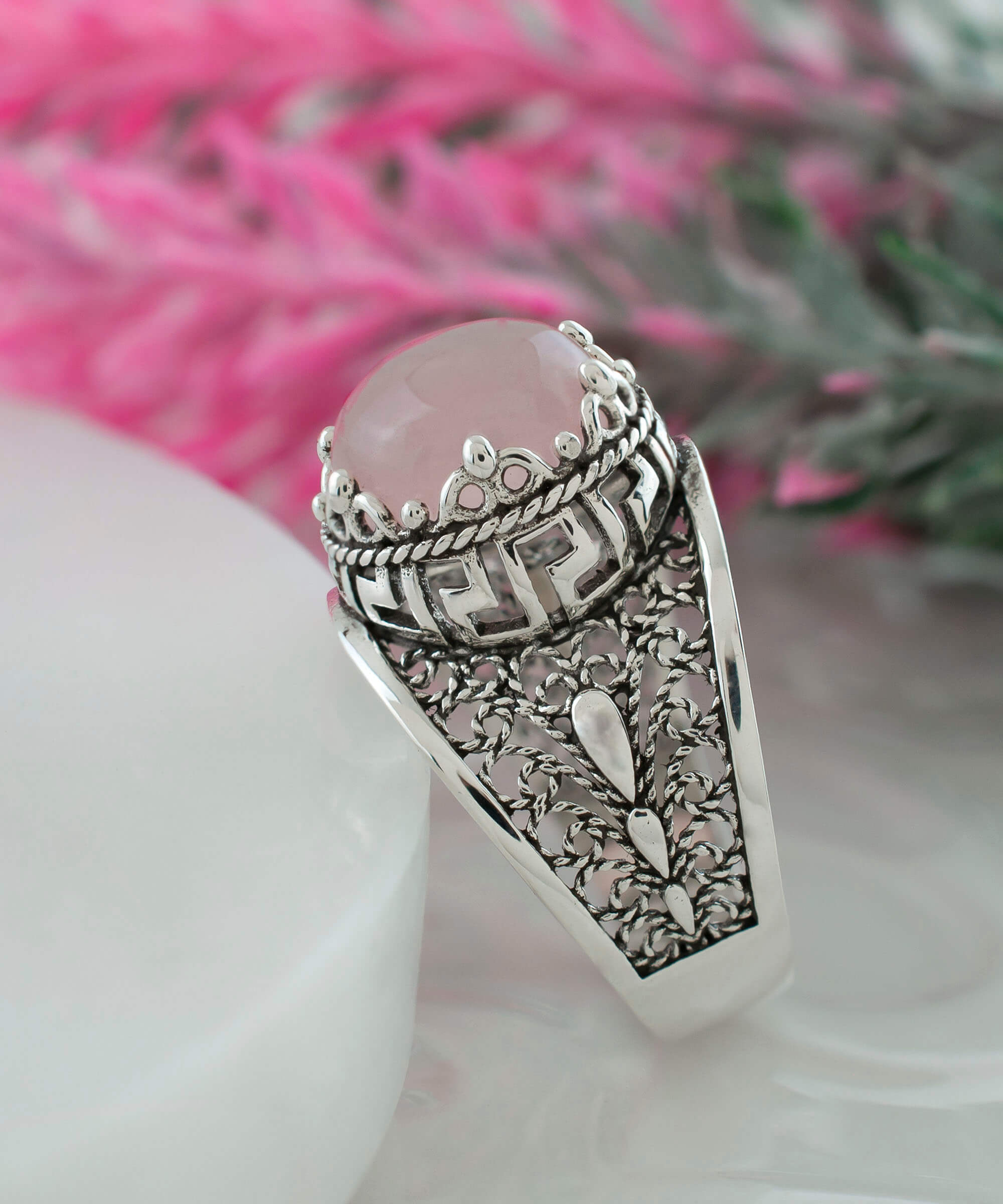 Elegant Meander Pattern Filigree Art Ring featuring a round-cut rose quartz gemstone set in 925 sterling silver.