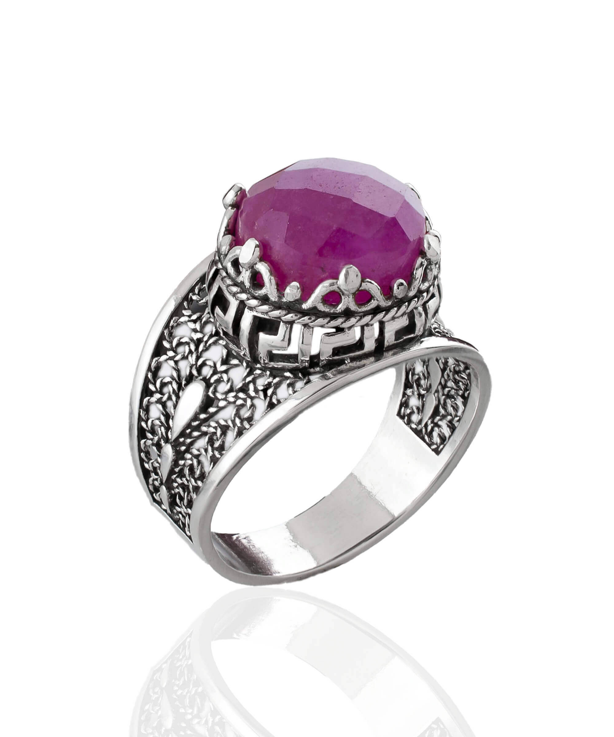 Elegant Meander Pattern Filigree Art Ring featuring a ruby corundum gemstone set in 925 sterling silver, showcasing intricate Greek key design.