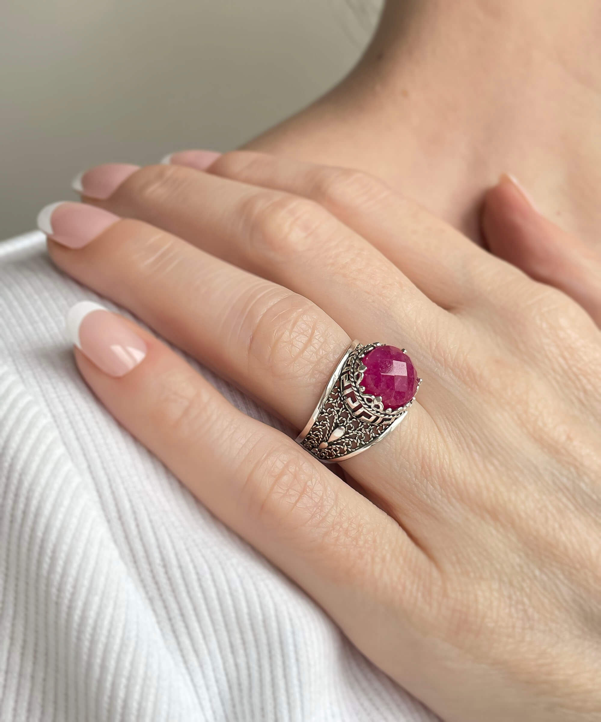 Elegant Meander Pattern Filigree Art Ring featuring a ruby corundum gemstone set in 925 sterling silver, showcasing intricate Greek key design.