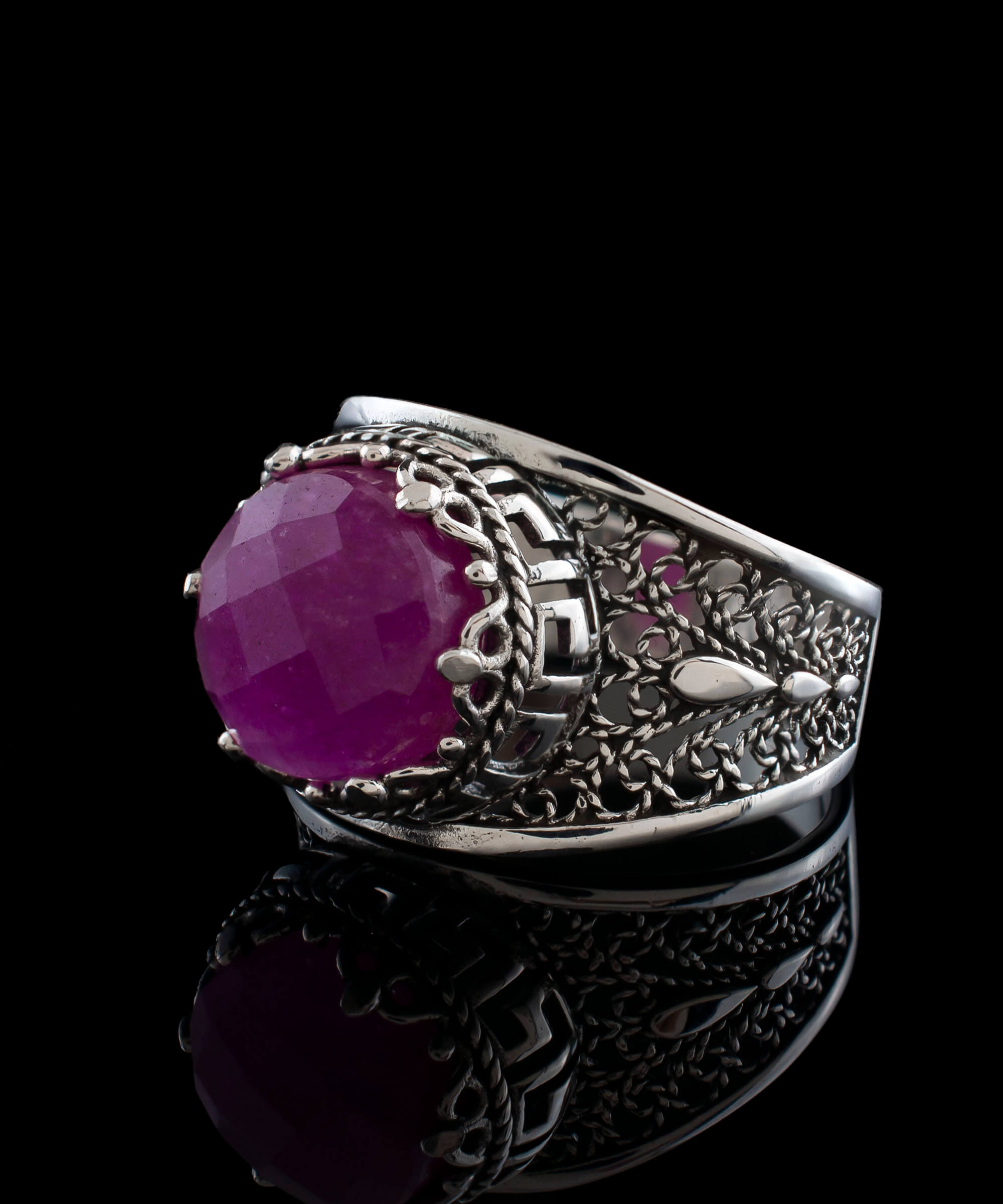 Elegant Meander Pattern Filigree Art Ring featuring a ruby corundum gemstone set in 925 sterling silver, showcasing intricate Greek key design.