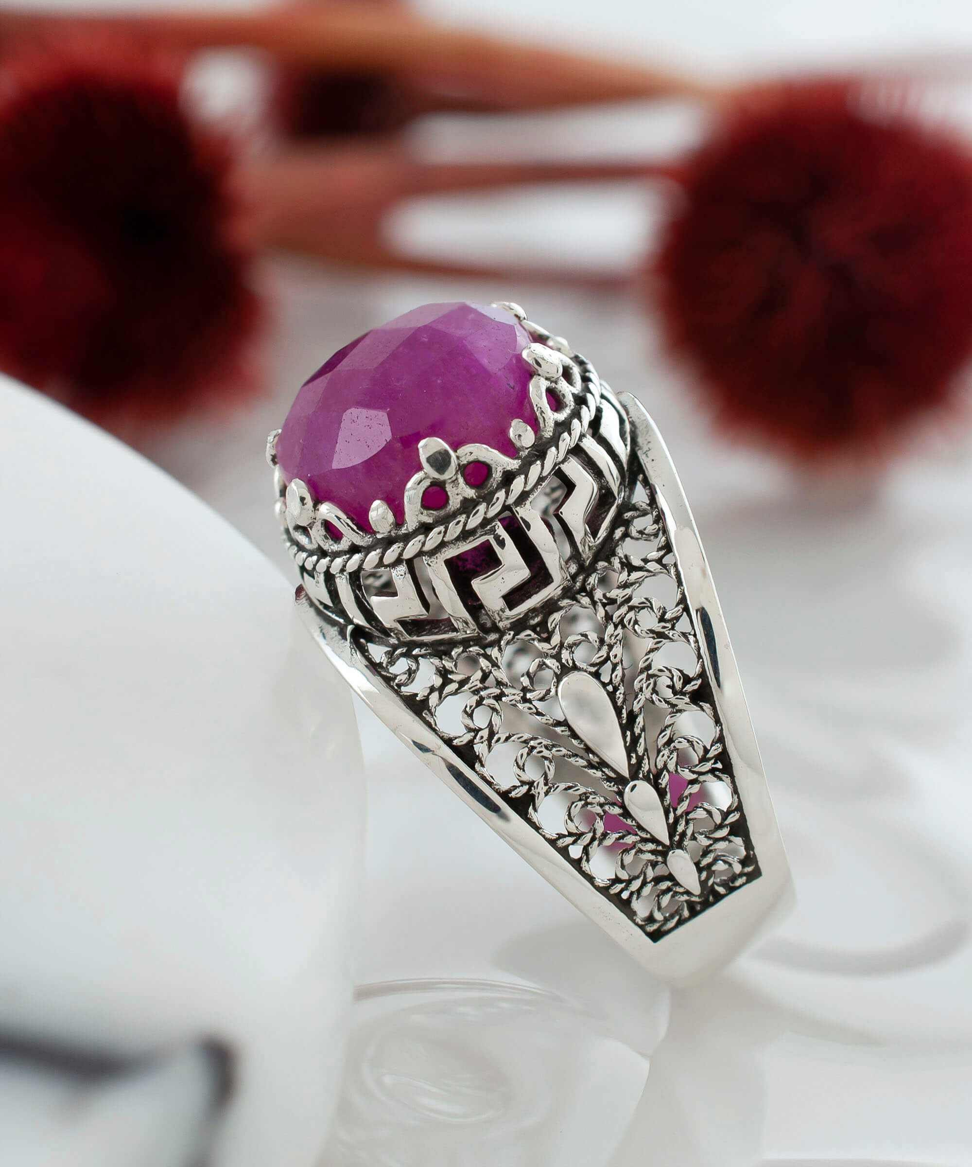 Elegant Meander Pattern Filigree Art Ring featuring a ruby corundum gemstone set in 925 sterling silver, showcasing intricate Greek key design.