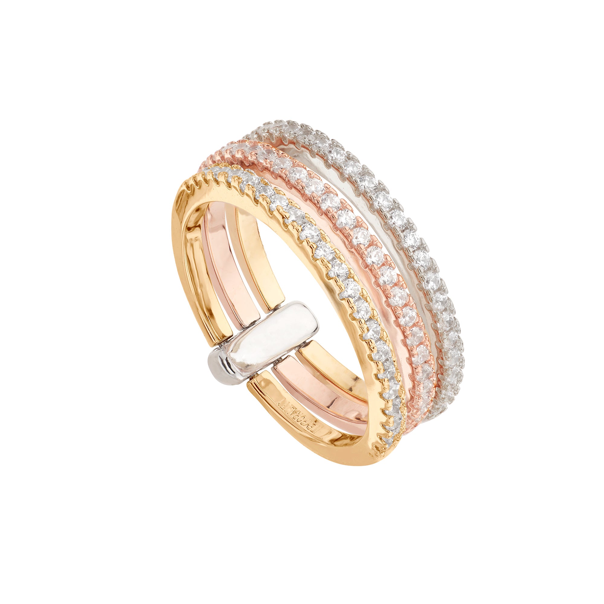 Anillo Media Alianza Tricolor con triple aro de plata, oro rosado y amarillo, adornado con circonitas blancas en pavé.